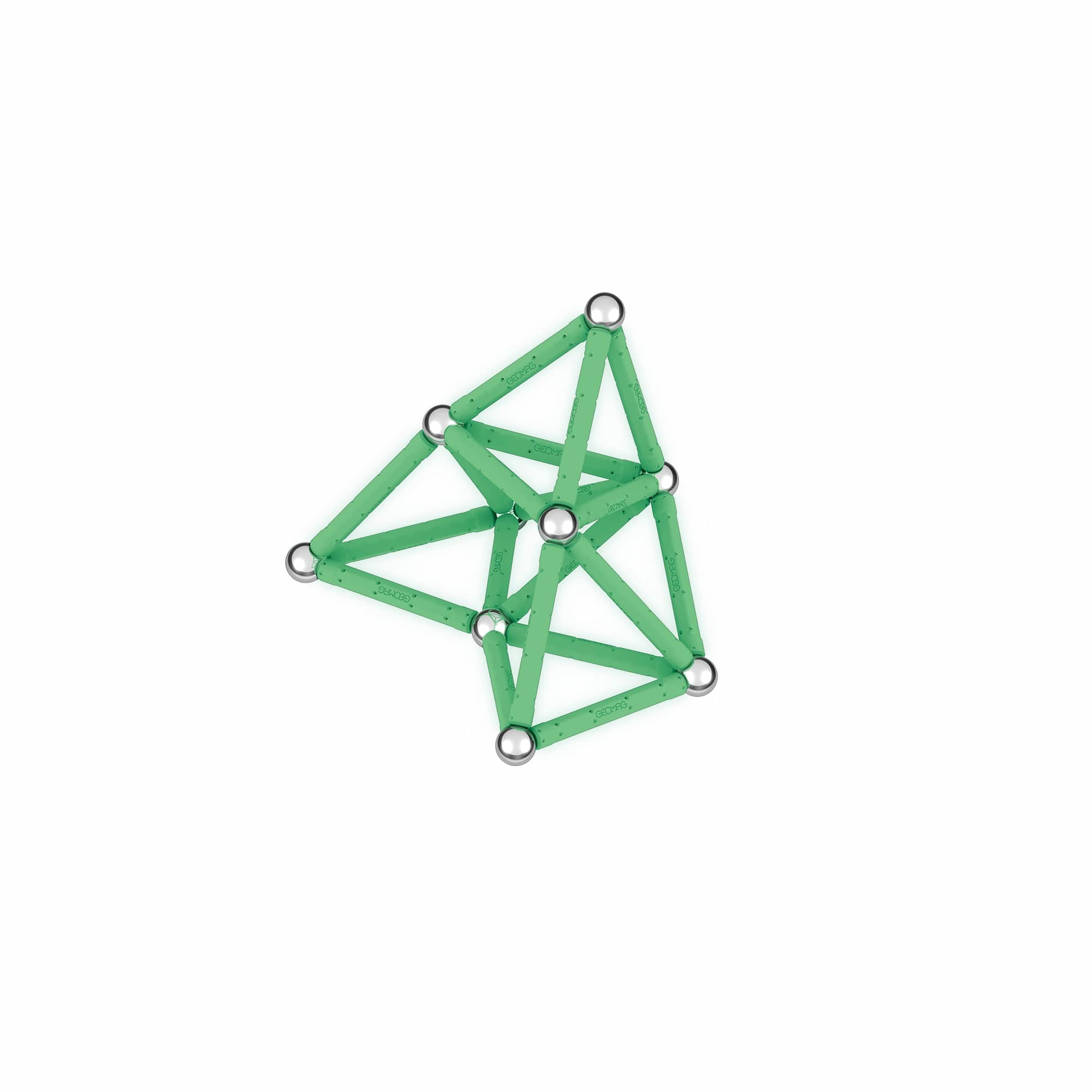 Una struttura Geomag verde con connettori argentati, su sfondo bianco.