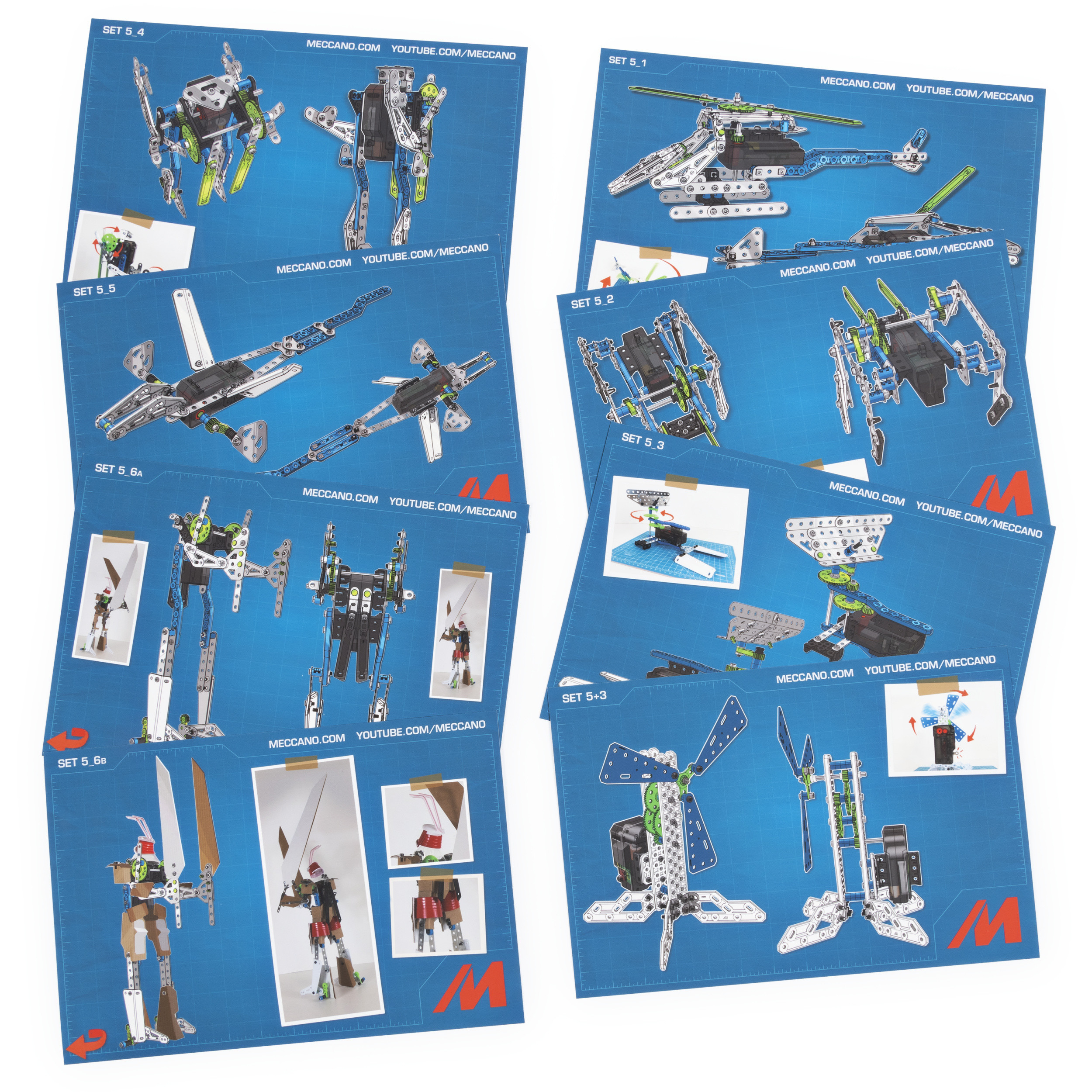 Karty z modelami Meccano: helikopter, robot, samolot, pająk, turbina wiatrowa. Niebieskie tło, biała ramka i czerwone logo.