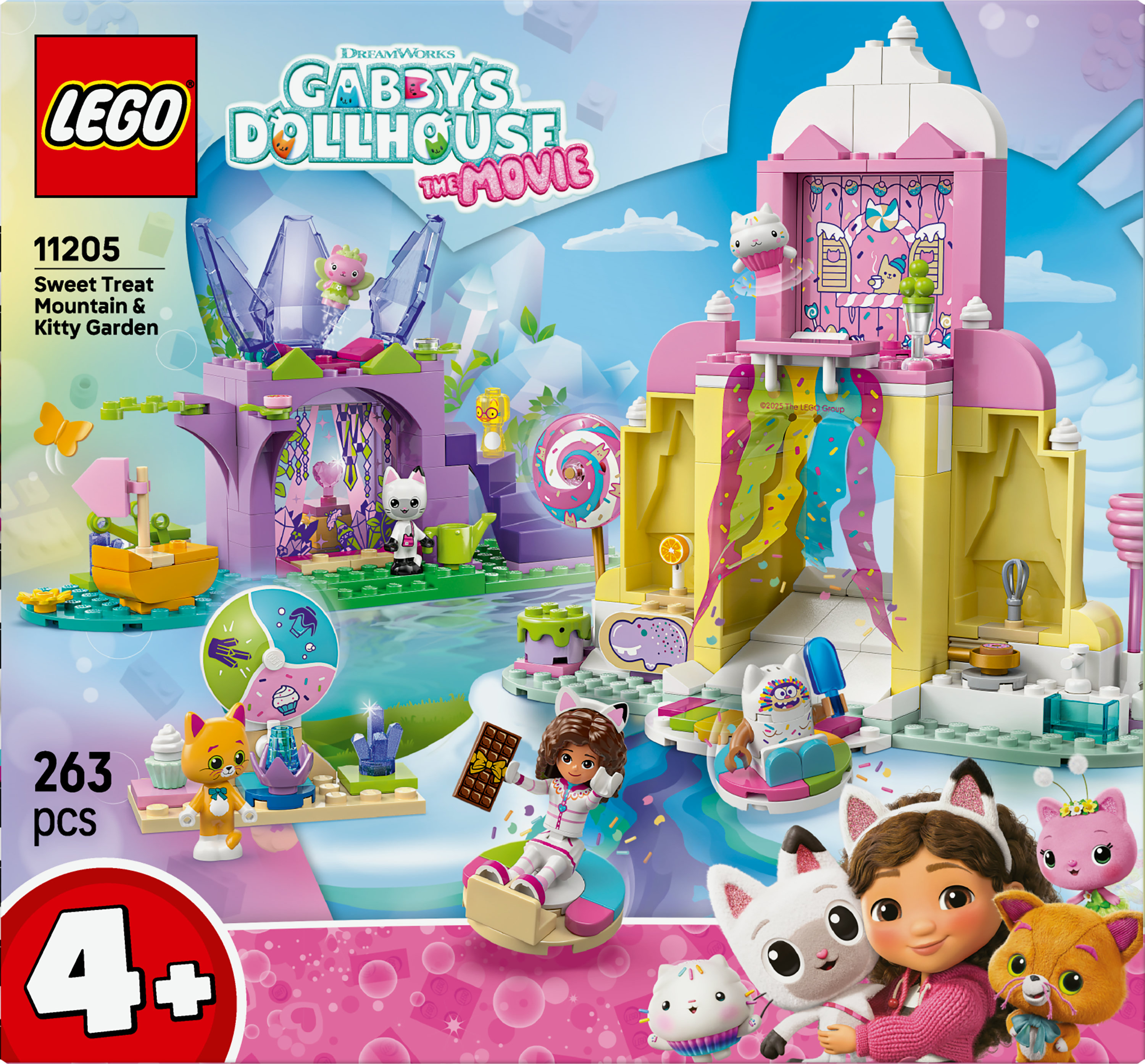 Pudełko zestawu Lego. Zawiera postacie z Gabby's Dollhouse z kolorowymi konstrukcjami i figurkami kotów.