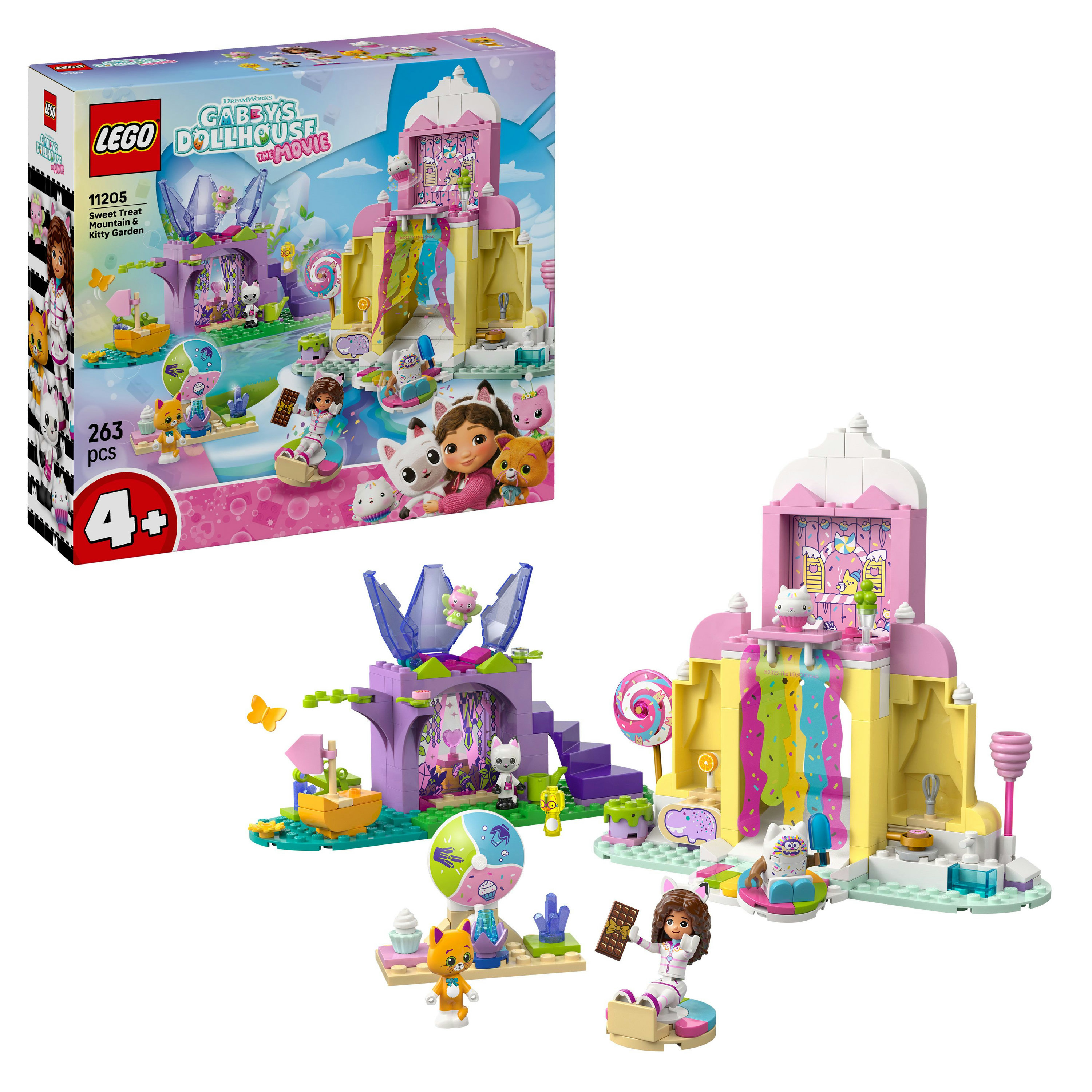 Zestaw Lego przedstawiający Domek Gabby. Zawiera budynek, figurki i akcesoria. Pokazano grafikę pudełka i złożony model.