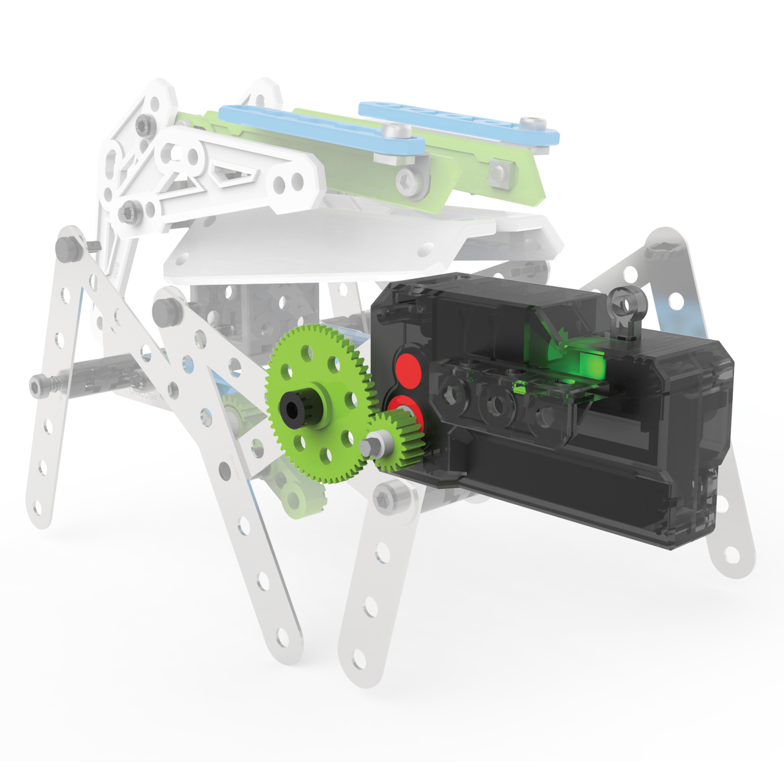 Mechaniczny model pająka. Widoczne są koła zębate, przezroczysta czarna obudowa i biała metalowa rama z niebieskimi i zielonymi akcentami.