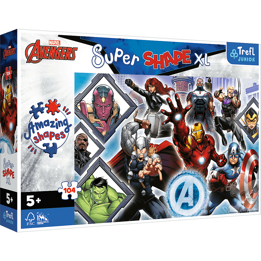 Puzzle box featuring Avengers characters. Includes Iron Man, Captain America, Thor, Black Widow, and Hulk. Super Shape XL.
