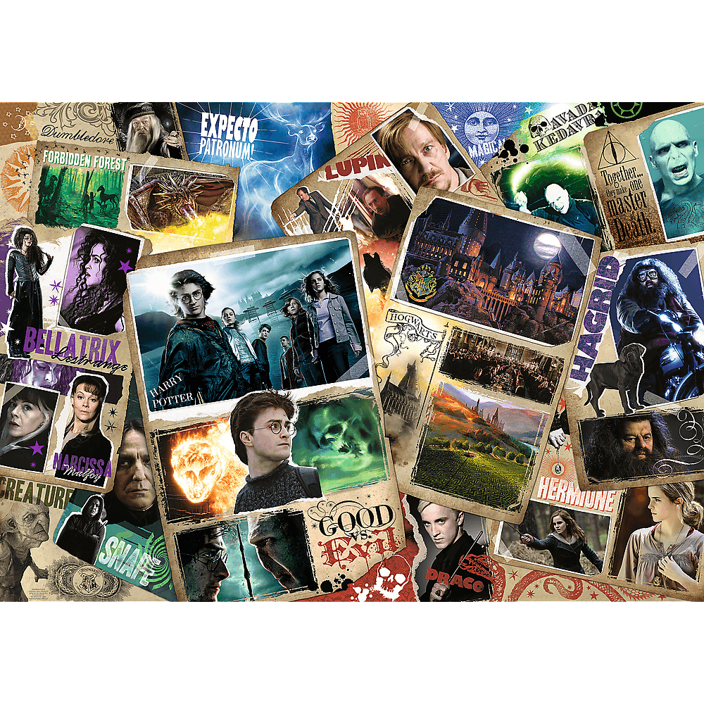 Collage de imágenes de Harry Potter: personajes, escenas y citas. Incluye a Harry, Hermione, Snape, Voldemort, Hogwarts y más.