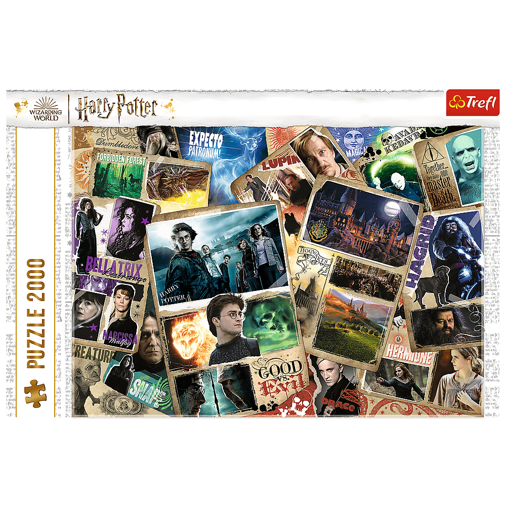 Un rompecabezas de Harry Potter con fotogramas de personajes como Harry, Hermione y Voldemort, y escenas como Hogwarts.