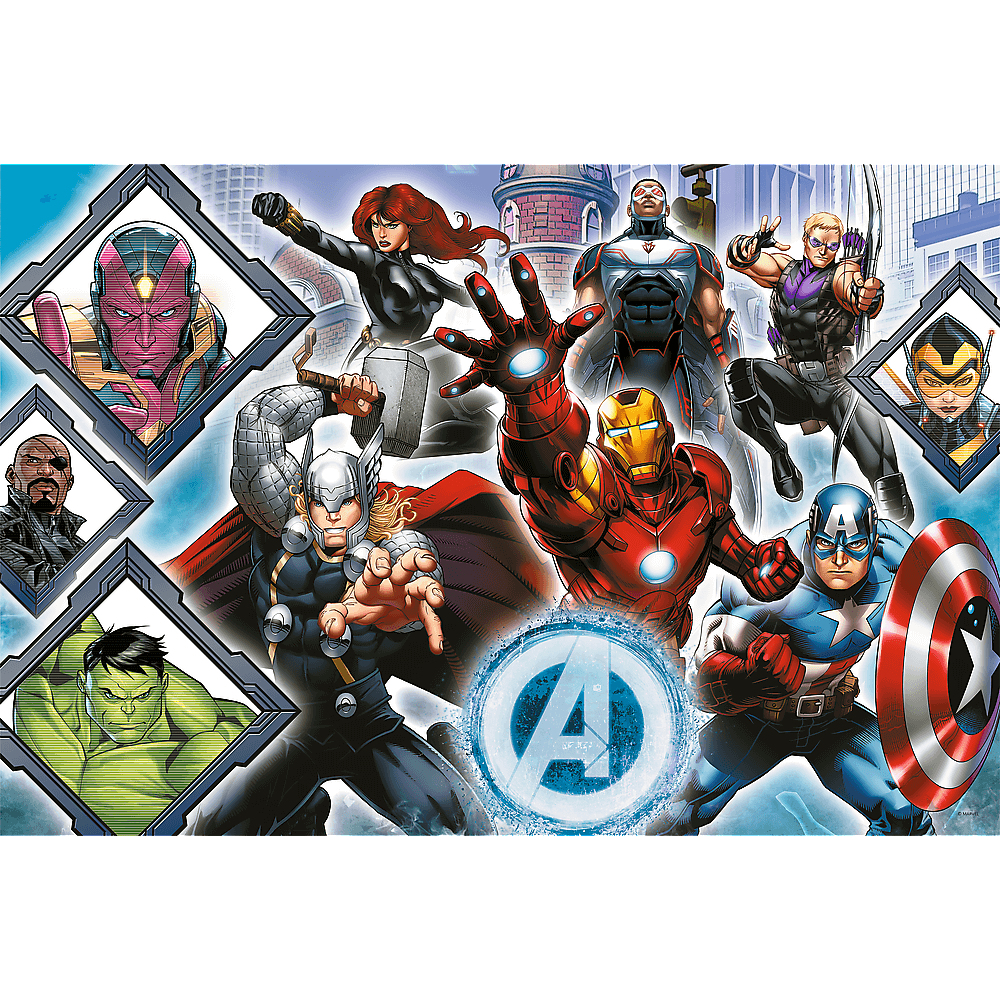 Avengers assemble! Various superheroes, including Iron Man, Captain America, and Thor, are featured in a dynamic, action-packed composition.