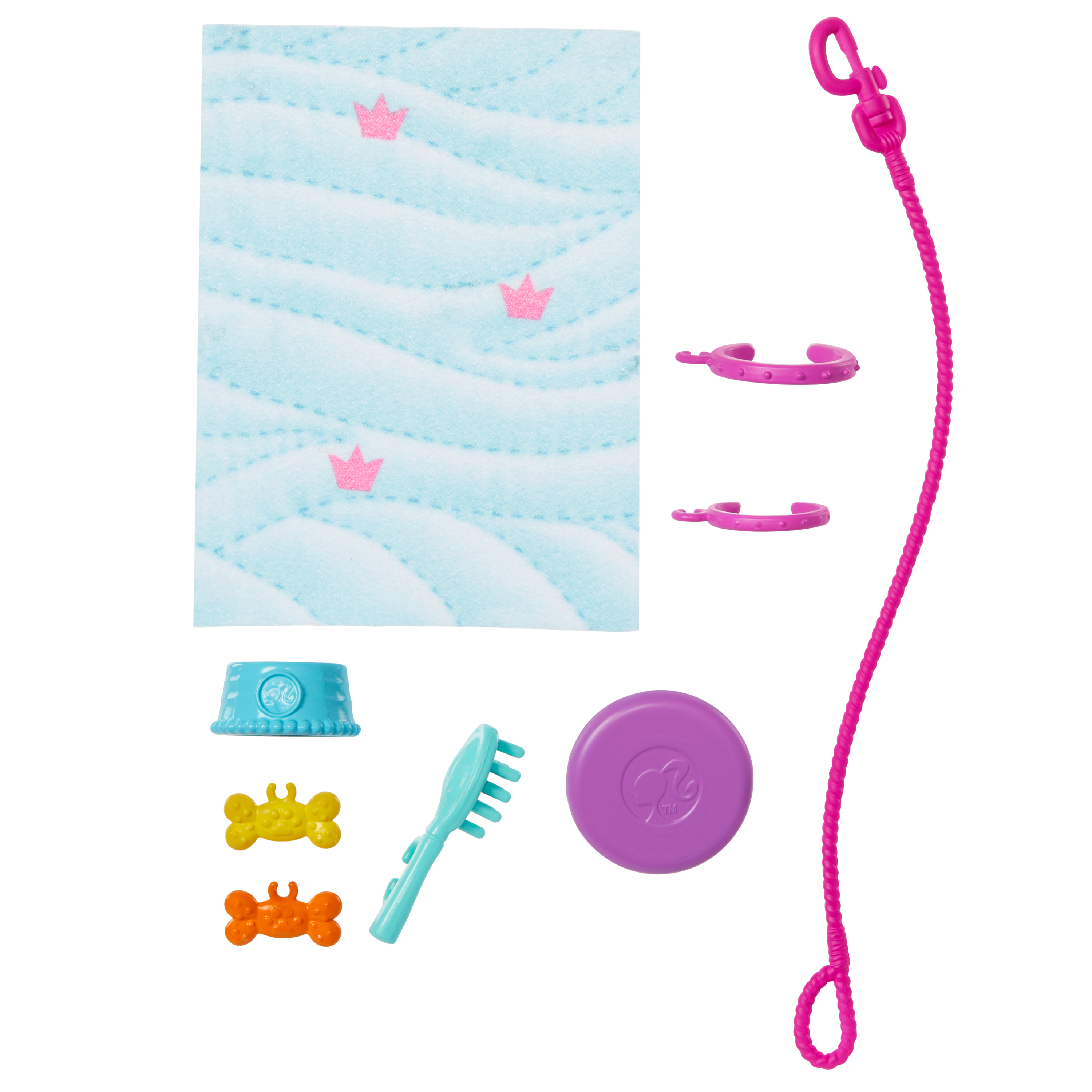 Zestaw akcesoriów dla zwierząt. Zawiera legowisko, miskę, grzebień, smycz i dwie zabawki w kształcie kości.