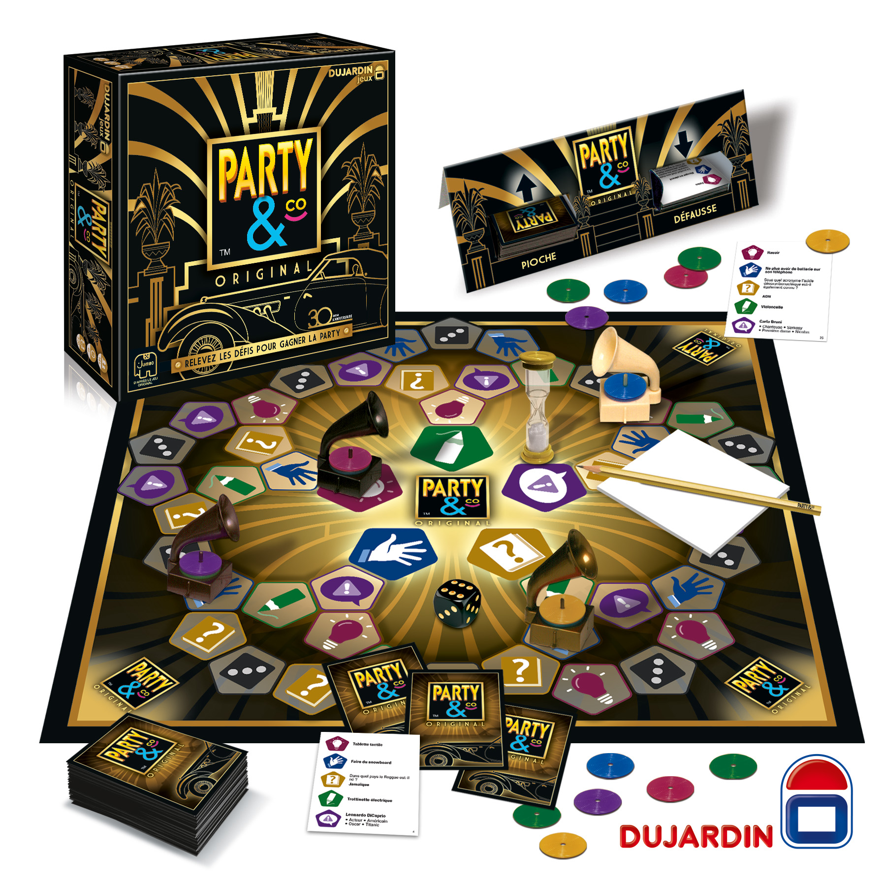 Gioco da tavolo Party & Co, scatola, tabellone, carte, dadi, grammofoni e gettoni. Nero, oro, bianco e vari colori.