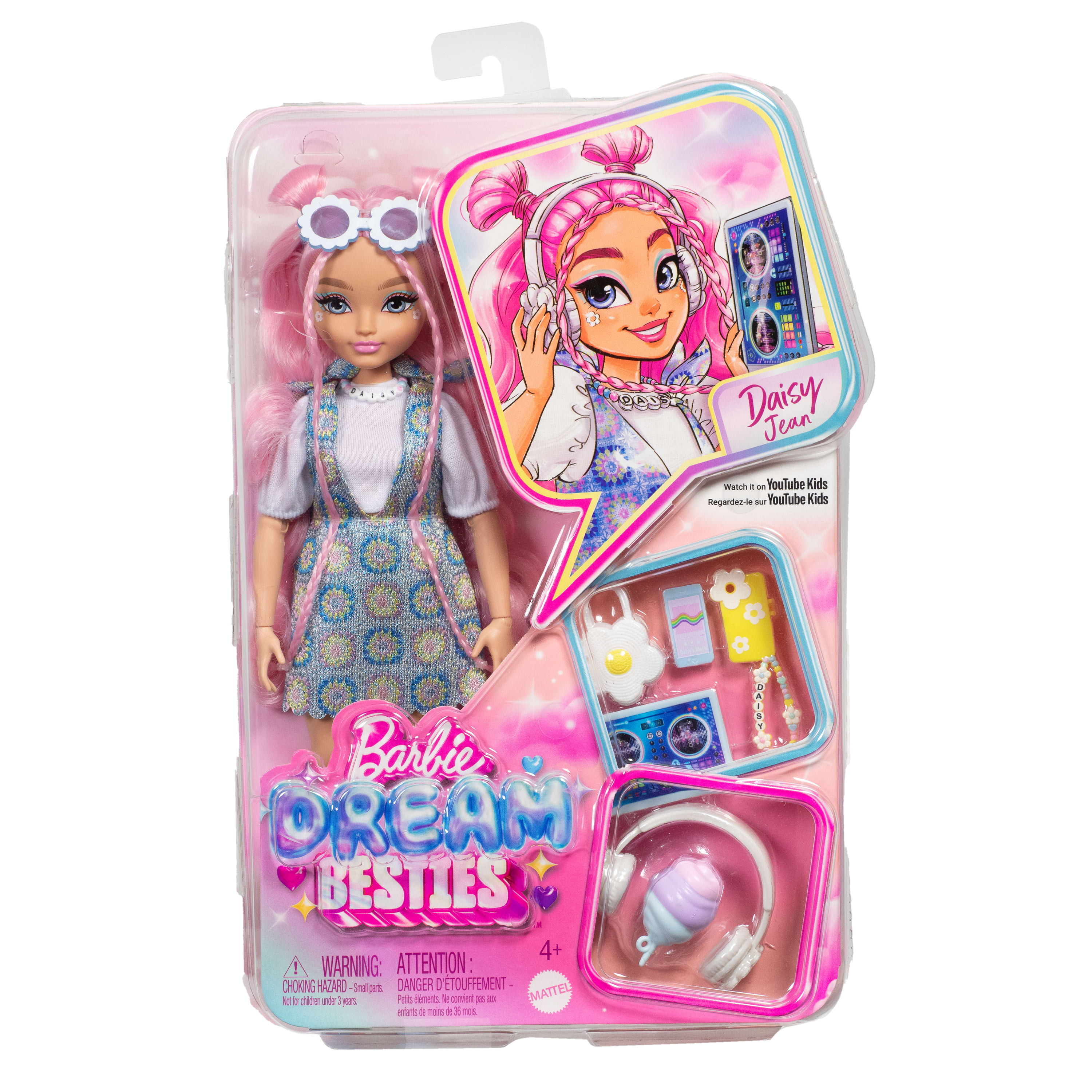 Una muñeca Barbie Dream Besties en un empaque rosa y azul. La muñeca tiene cabello rosado y gafas de sol. Incluye accesorios.