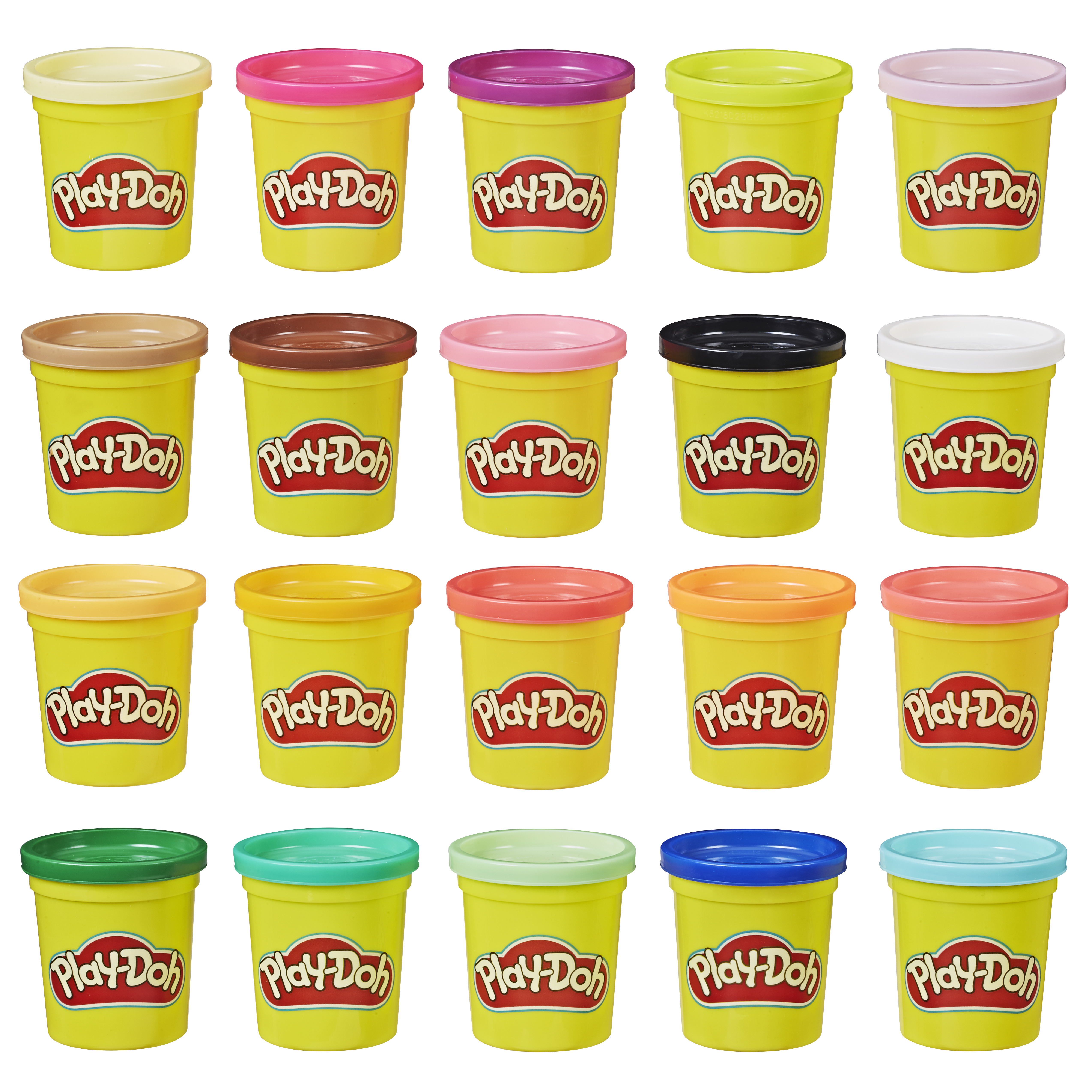 Das Bild zeigt 18 Play-Doh-Behälter. Zu den Farben gehören Gelb, Rosa, Lila, Grün, Braun, Schwarz, Orange und Blau.