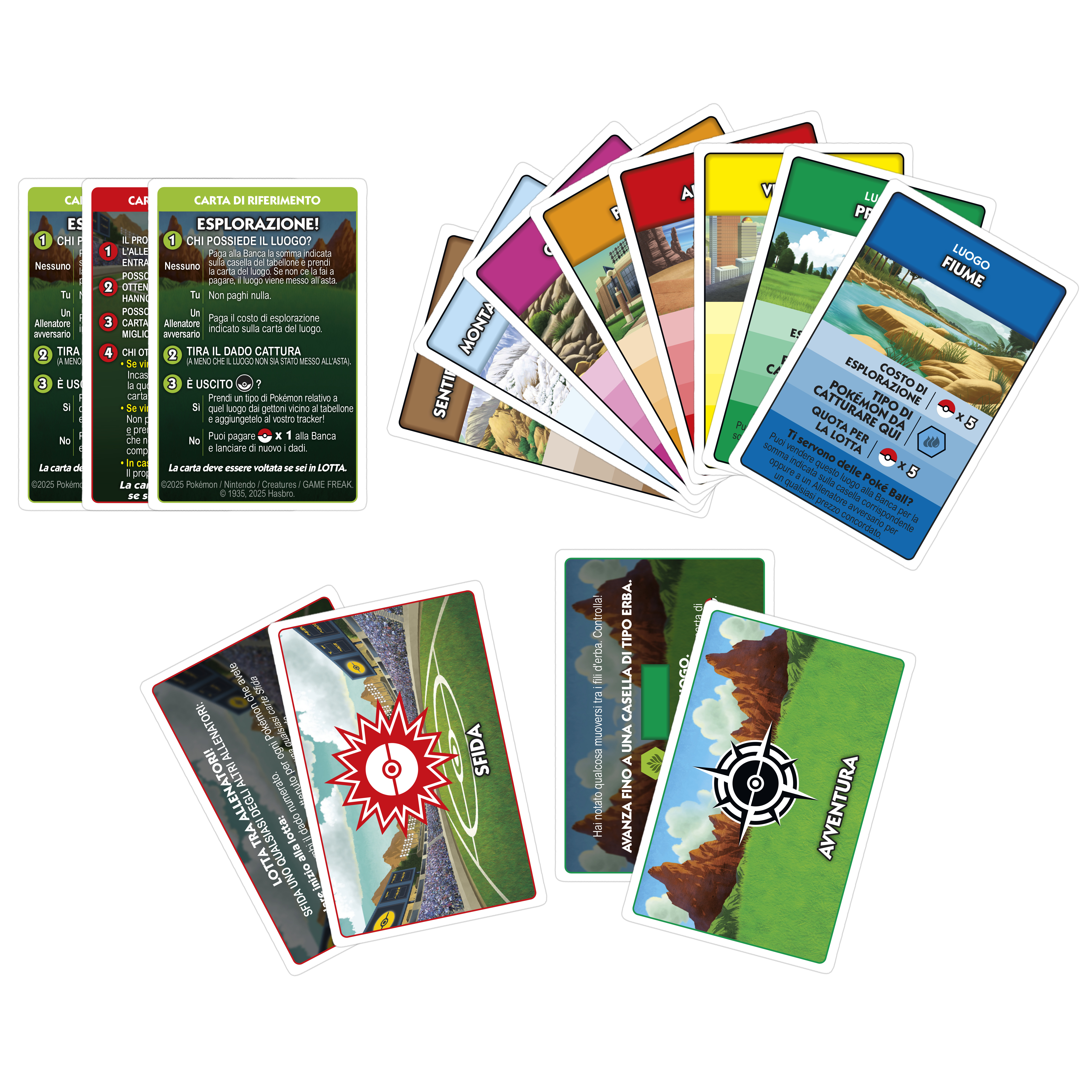 Carte con istruzioni di gioco e carte luogo. Sono visibili un fiume, una montagna e una carta sfida.