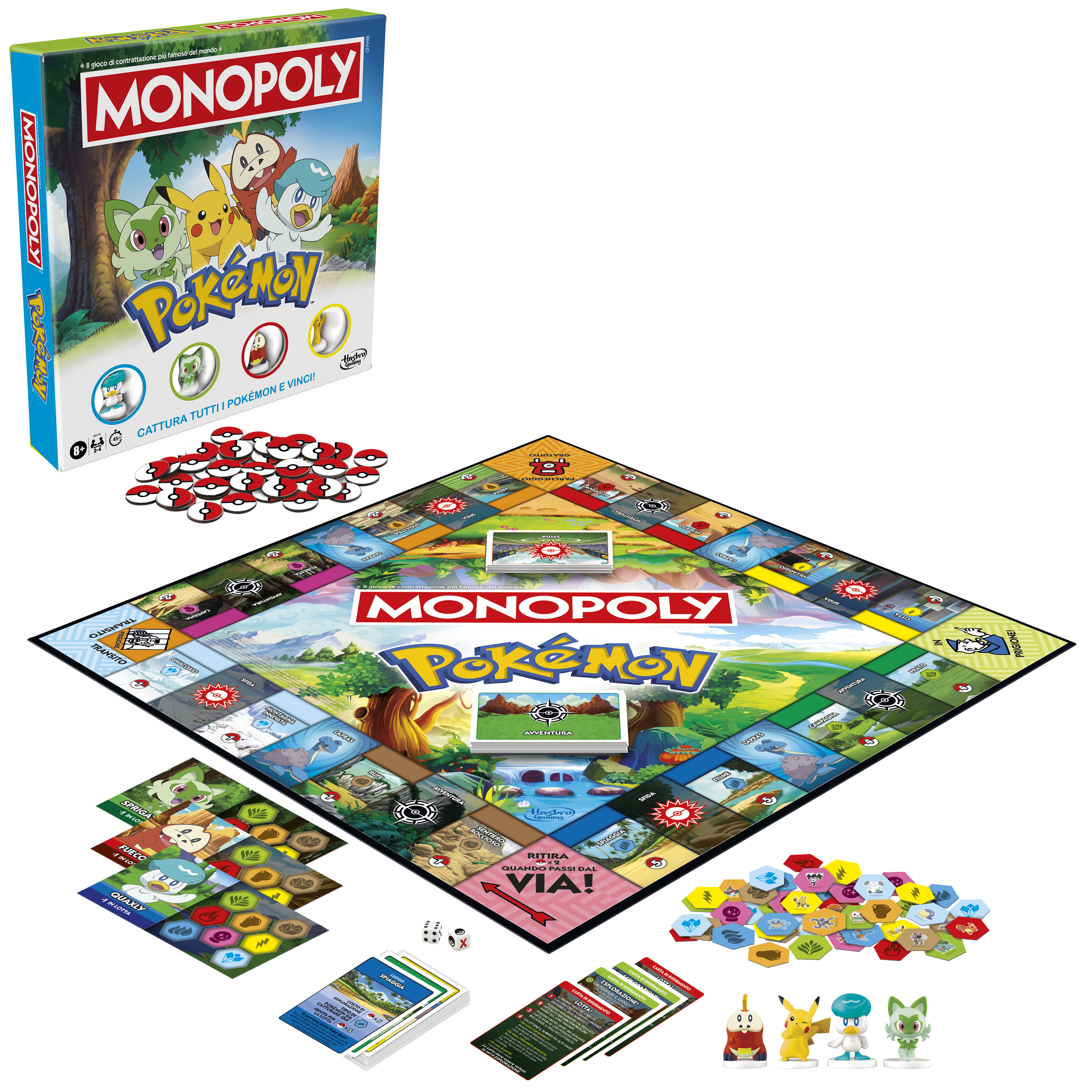 Gioco da tavolo Monopoly con personaggi Pokémon. Sono visibili tabellone, carte, personaggi e scatola.