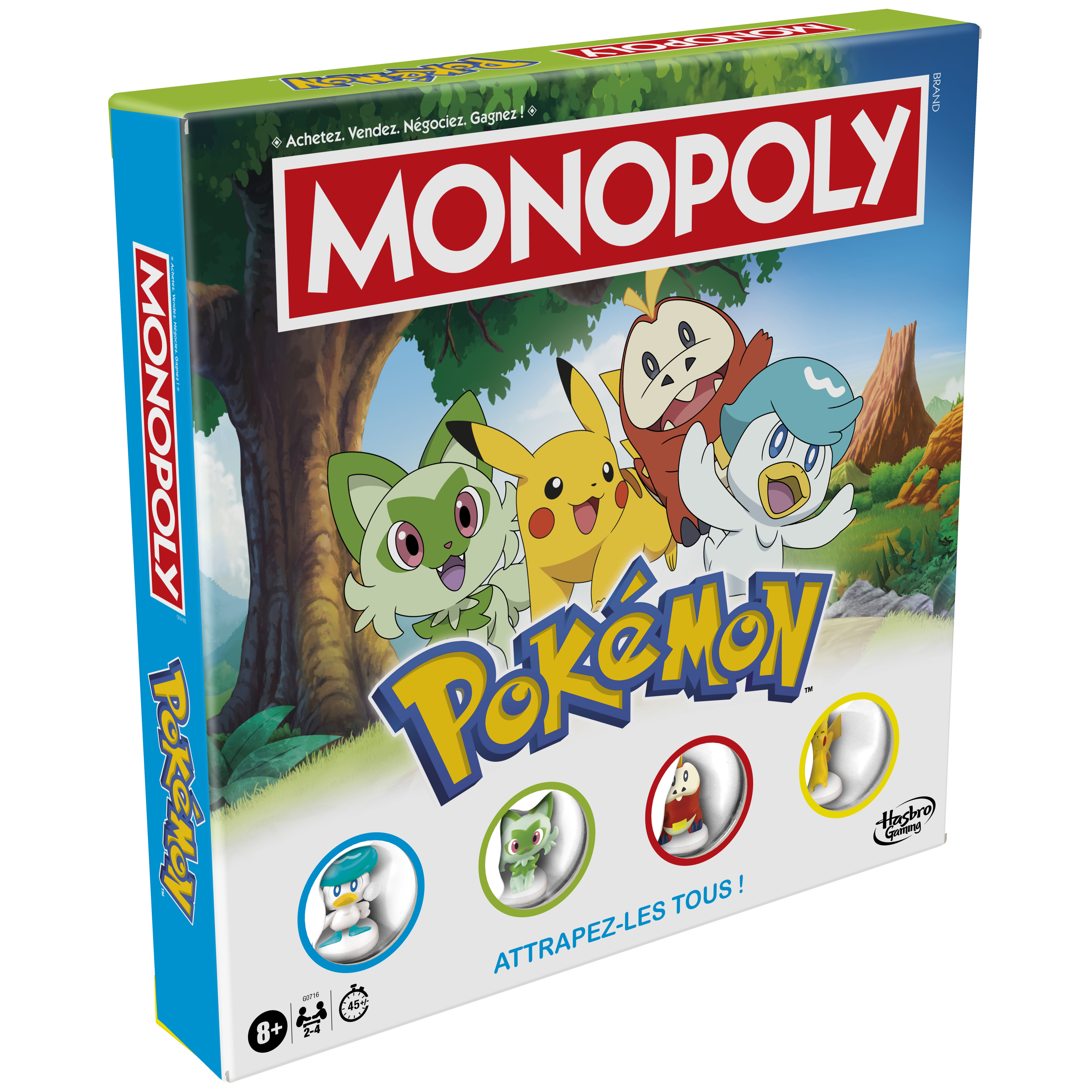 Scatola del gioco da tavolo Monopoly Pokemon con personaggi di Pokemon. Ha una combinazione di colori verde, blu e bianco.