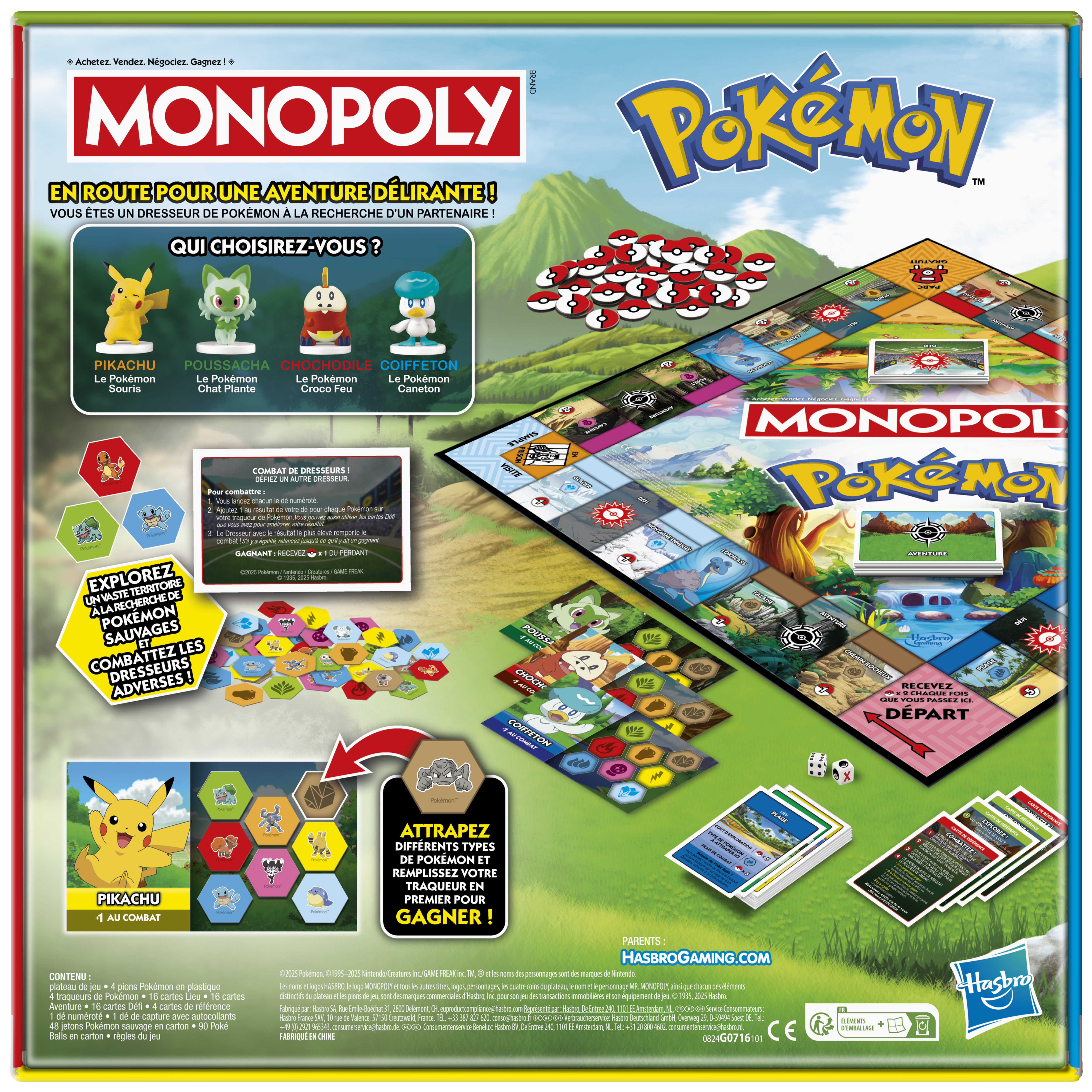 Scatola del gioco Monopoly Pokémon. Sono mostrate le figure di Pikachu, Sprigatito, Fuecoco e Quaxly. Il tabellone è visibile.