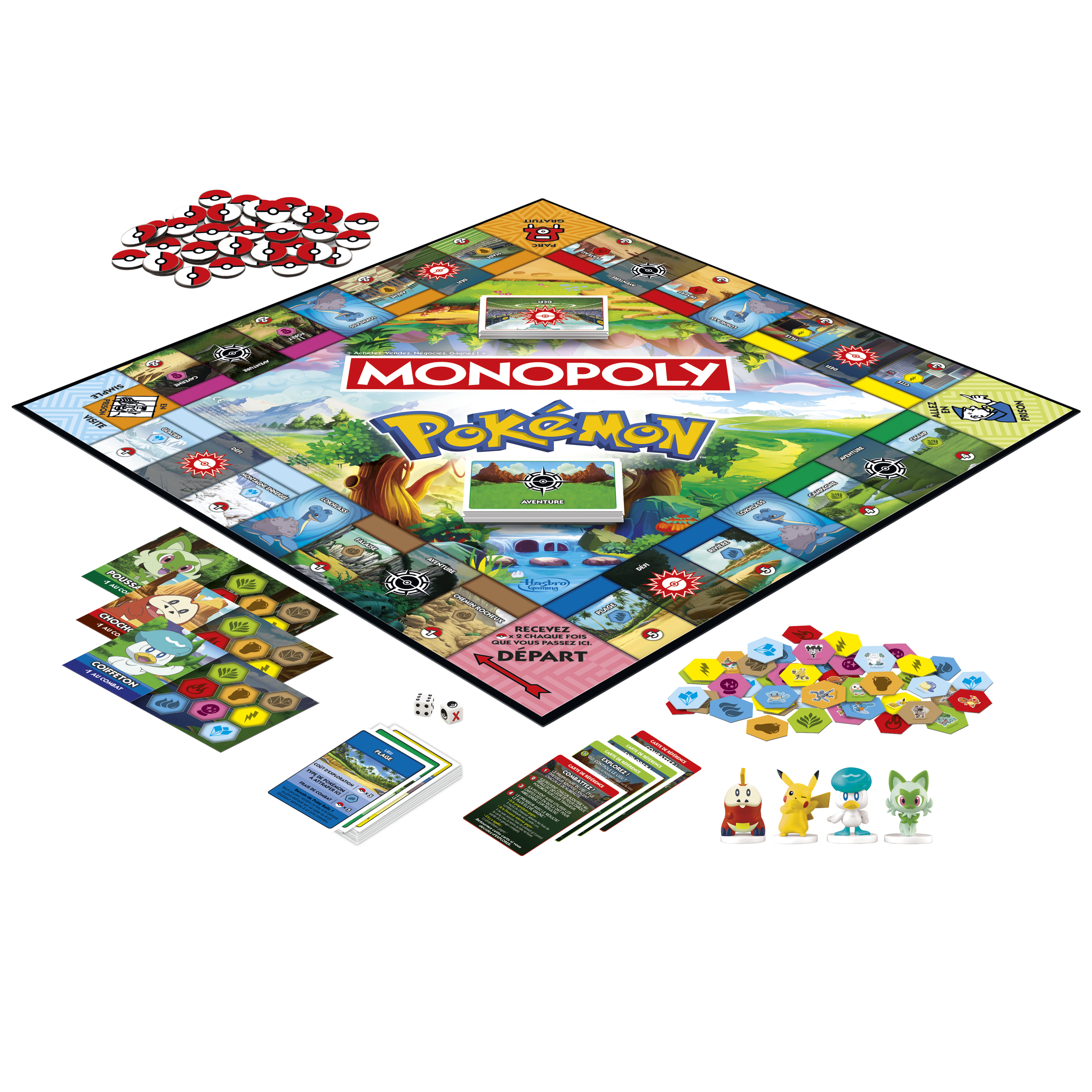 Gioco da tavolo Monopoly Pokémon. Include tabellone, pedine, carte, dadi e personaggi Pokémon. Colorato.