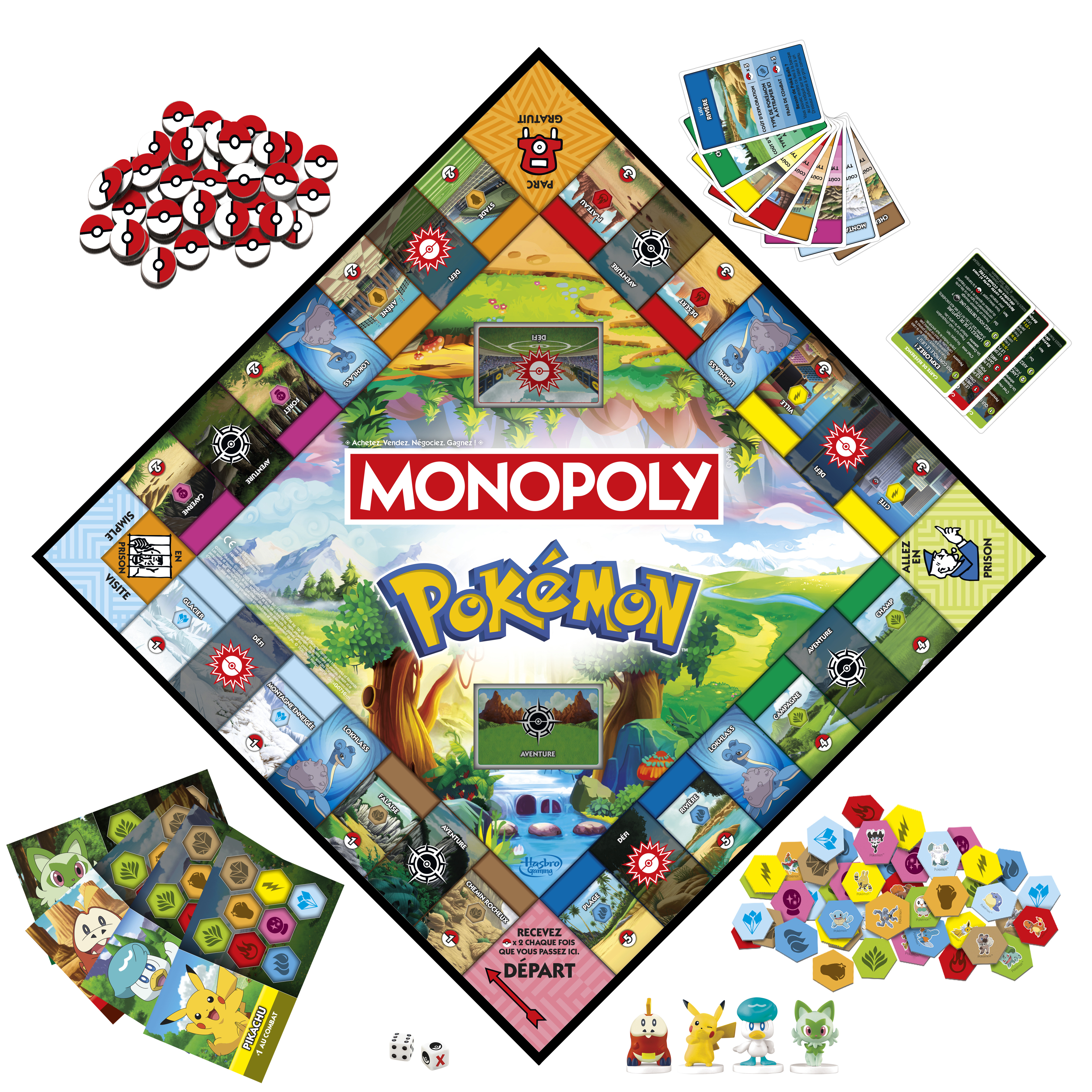 Gioco da tavolo Monopoly Pokémon con gettoni, carte, dadi e figurine, con Pikachu e altri personaggi.