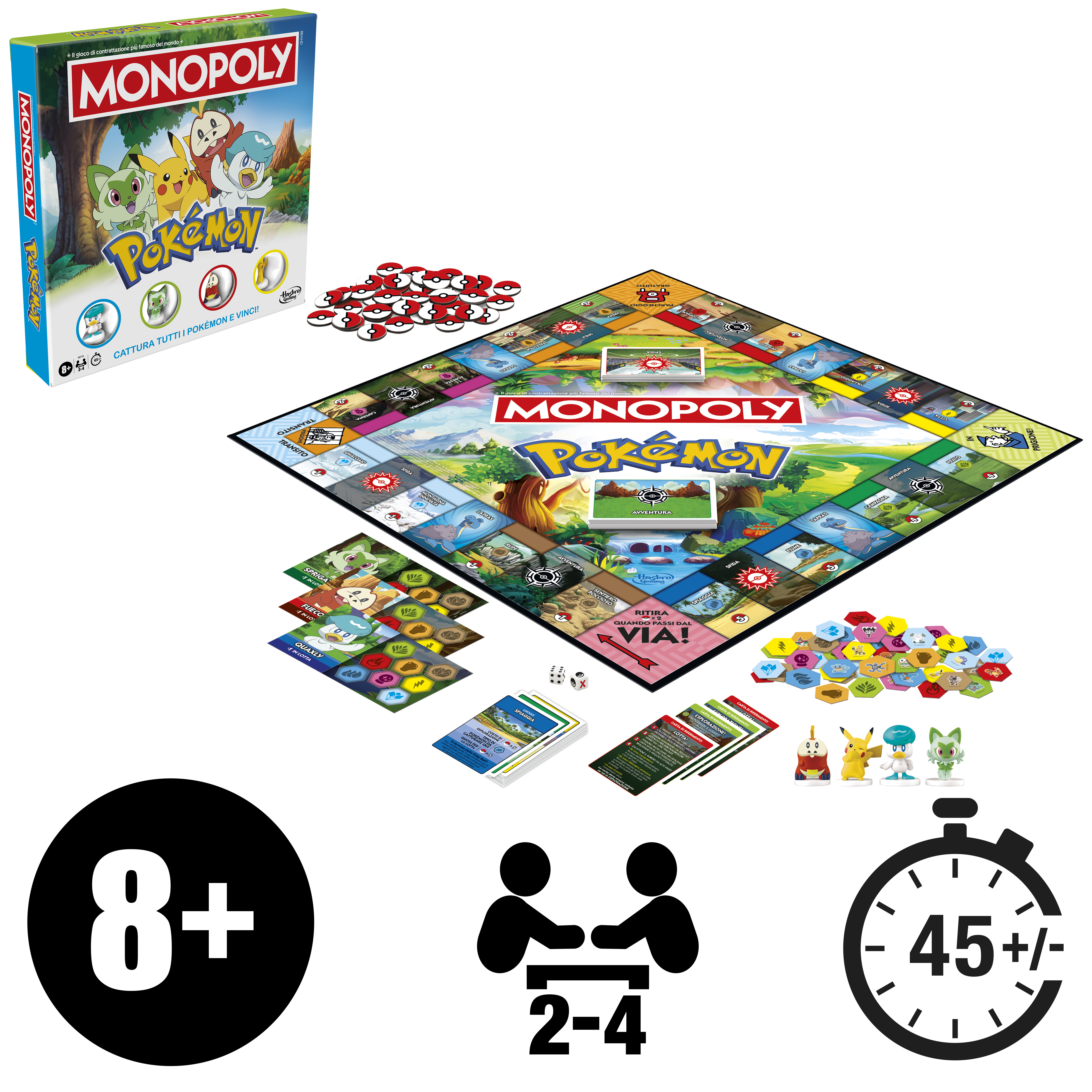 Gioco da tavolo Monopoly Pokémon con pedine, personaggi e scatola. Include dadi e carte.
