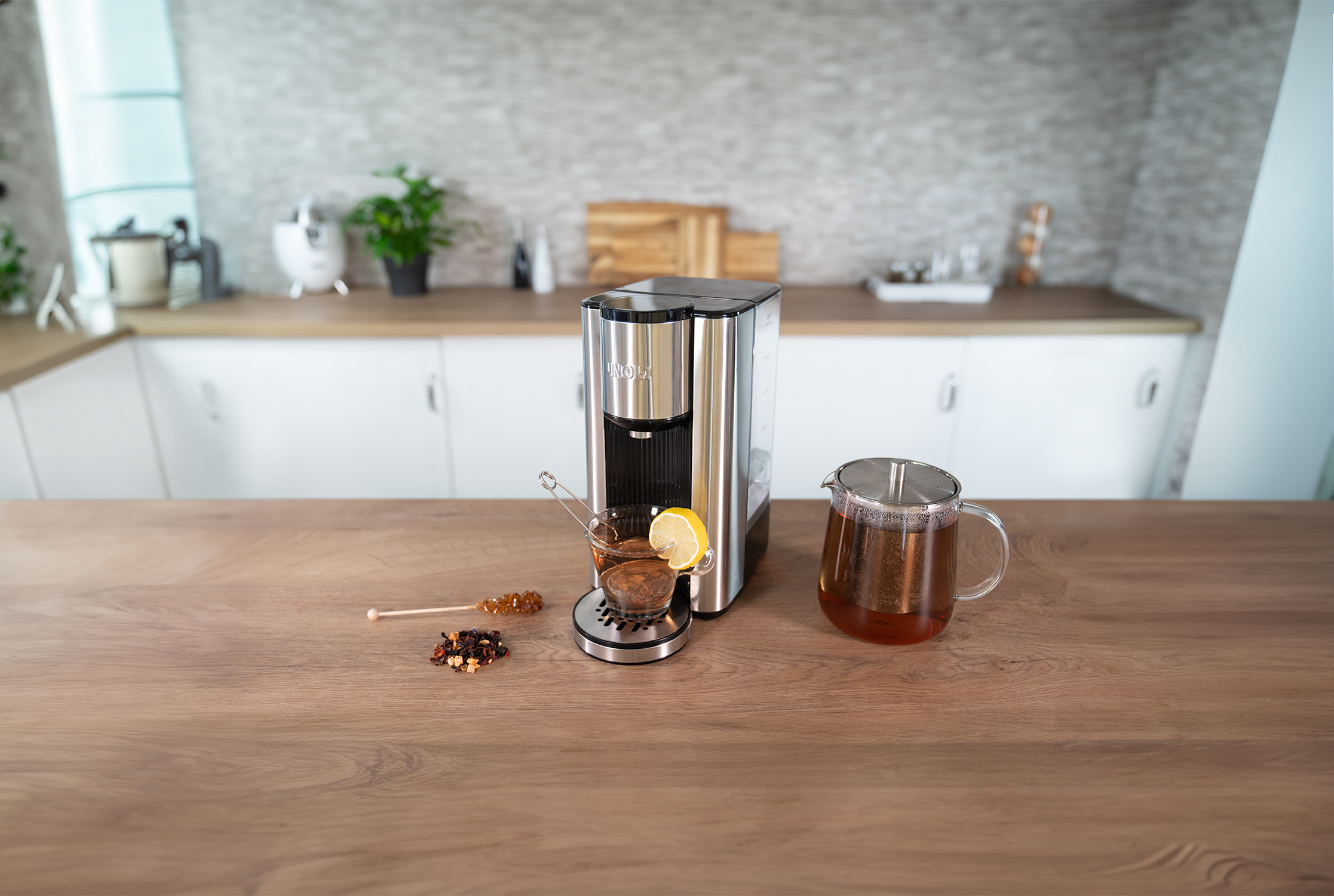 Teemaschine mit einer Tasse Tee, Zitronenscheibe, Kandis und Teeblättern auf einem Holztisch. Hintergrund ist eine Küche.