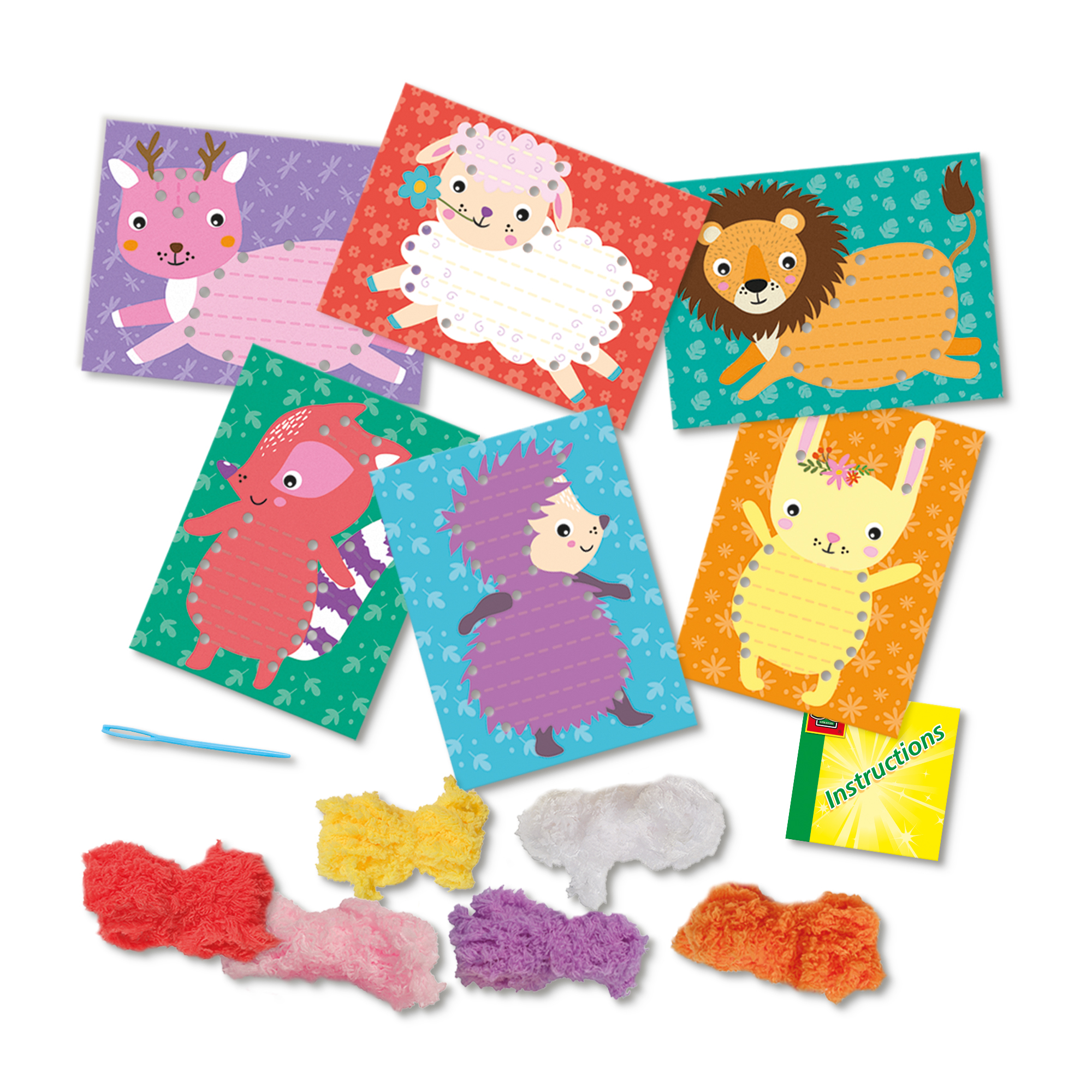 Karty z wzorami zwierząt i materiałami do rękodzieła. Zawiera igłę, instrukcję i puszystą przędzę w różnych kolorach.