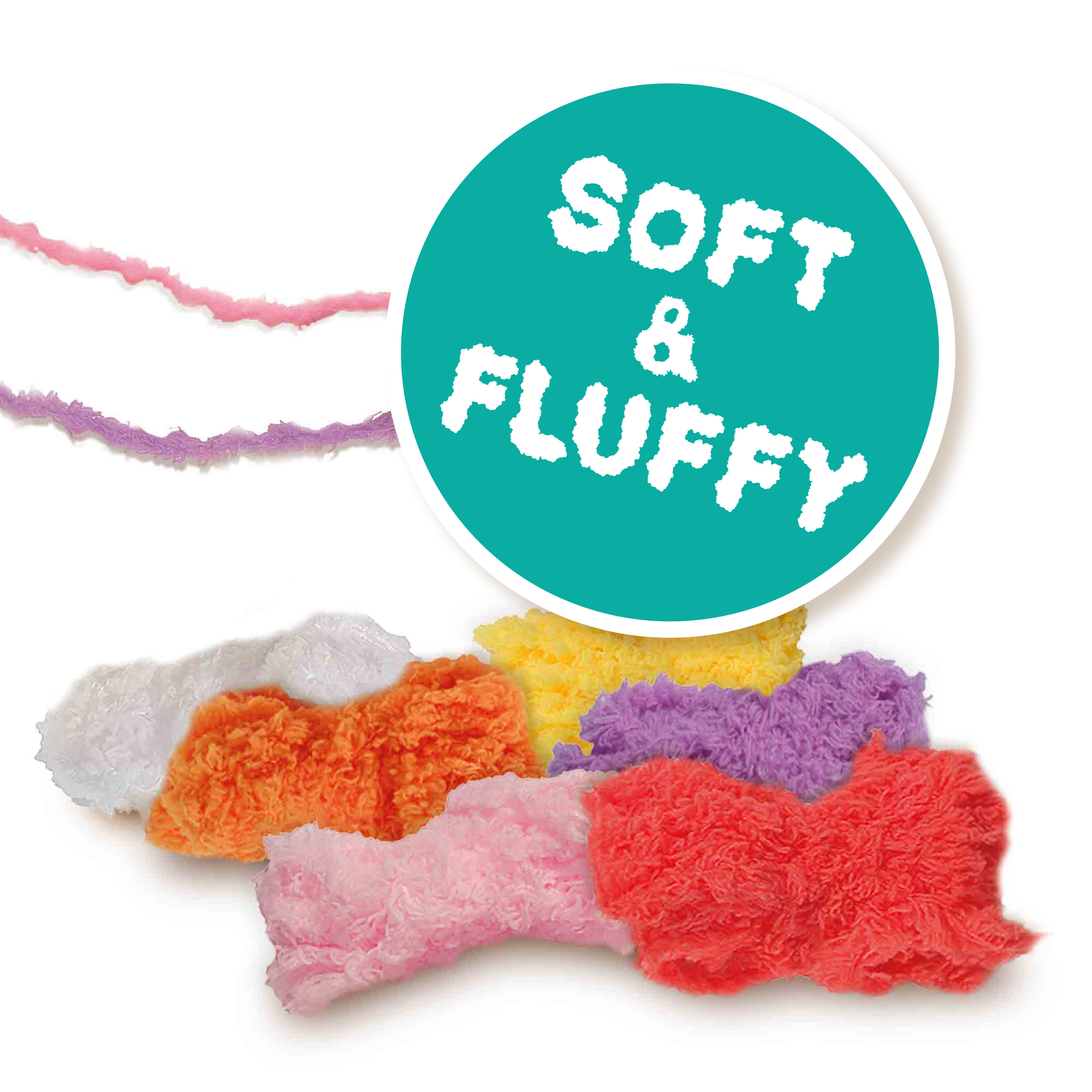Obraz przedstawia puszyste, kolorowe kawałki materiału: biały, pomarańczowy, różowy, czerwony, żółty i fioletowy. Turkusowe koło mówi 'MIĘKKI & PUCHOWY'.
