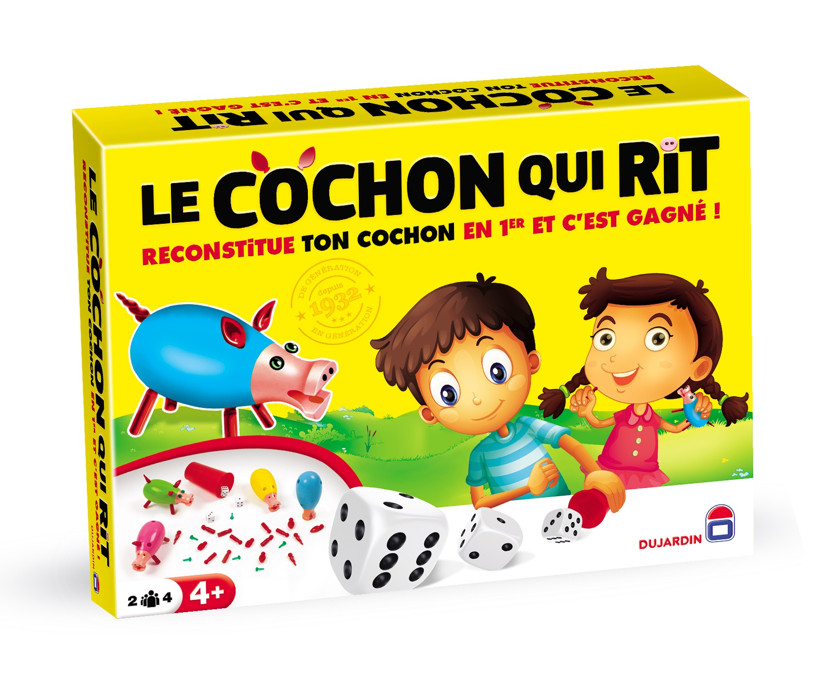 Gioco 'Le Cochon Qui Rit' con illustrazione di maiale, bambini, dadi e pezzi. Sfondo giallo.