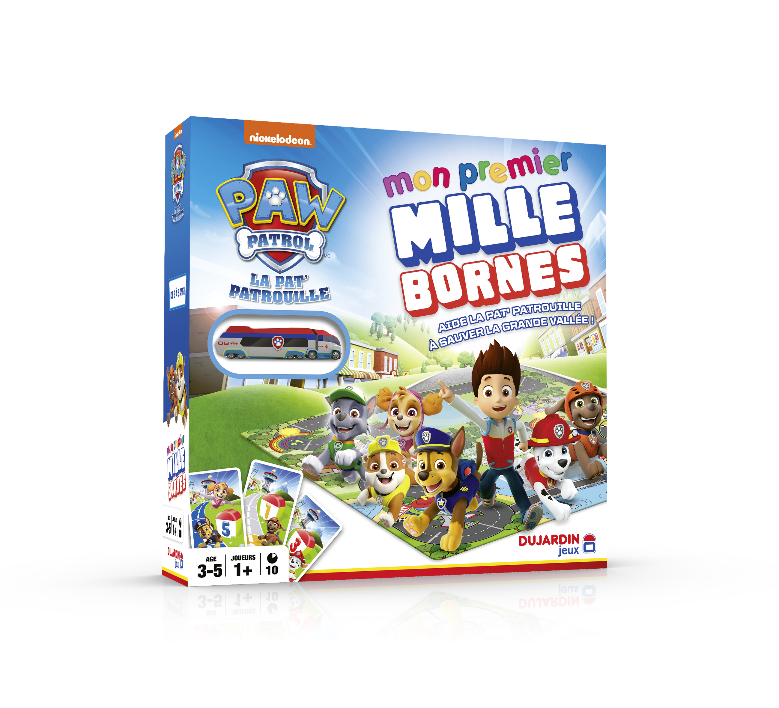 Scatola del gioco Paw Patrol. I personaggi sono sul davanti. Il testo dice 'Mon premier Mille Bornes'.