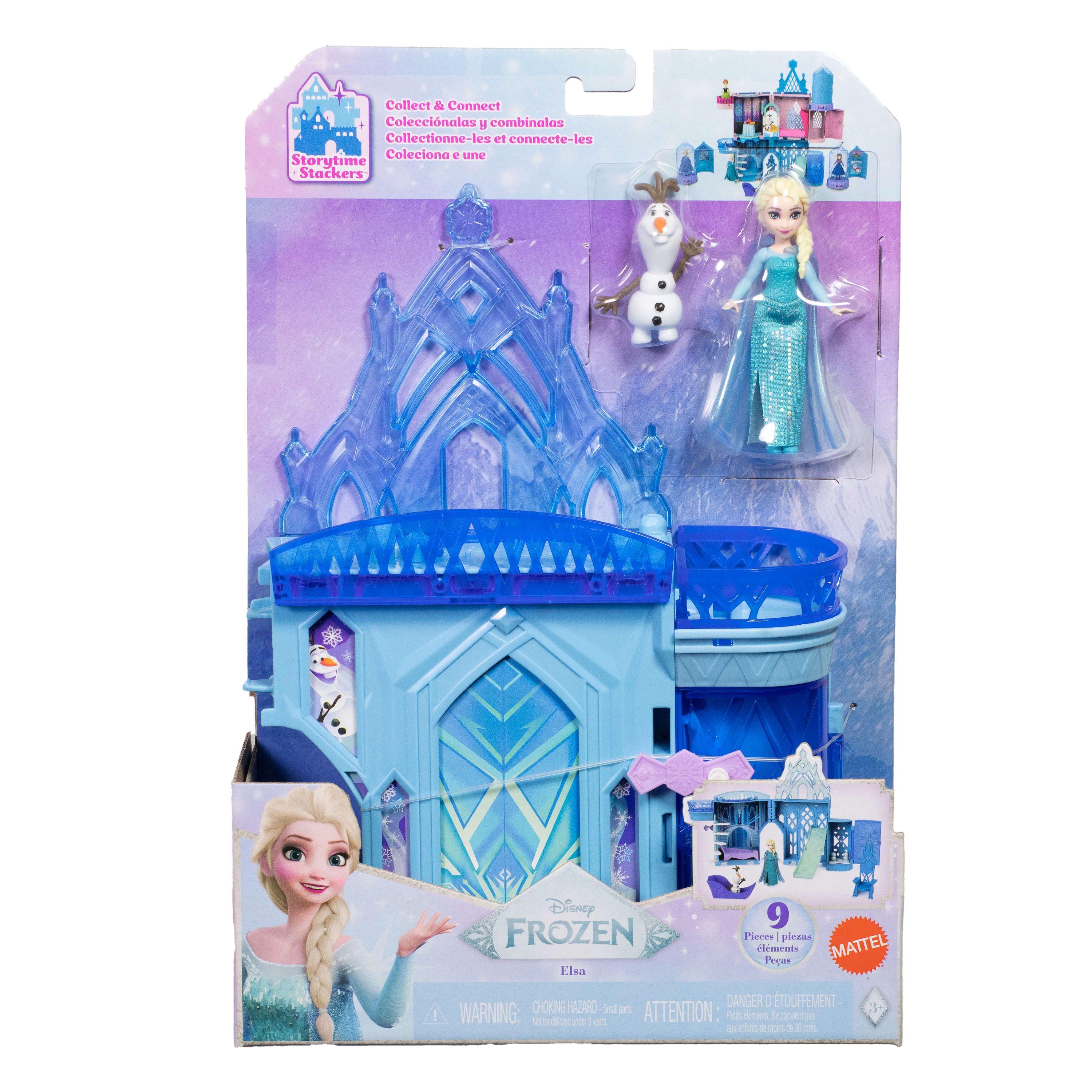 Zestaw zabawek Frozen Elsa w opakowaniu. Zawiera figurki Elsy i Olafa, zamek i akcesoria.