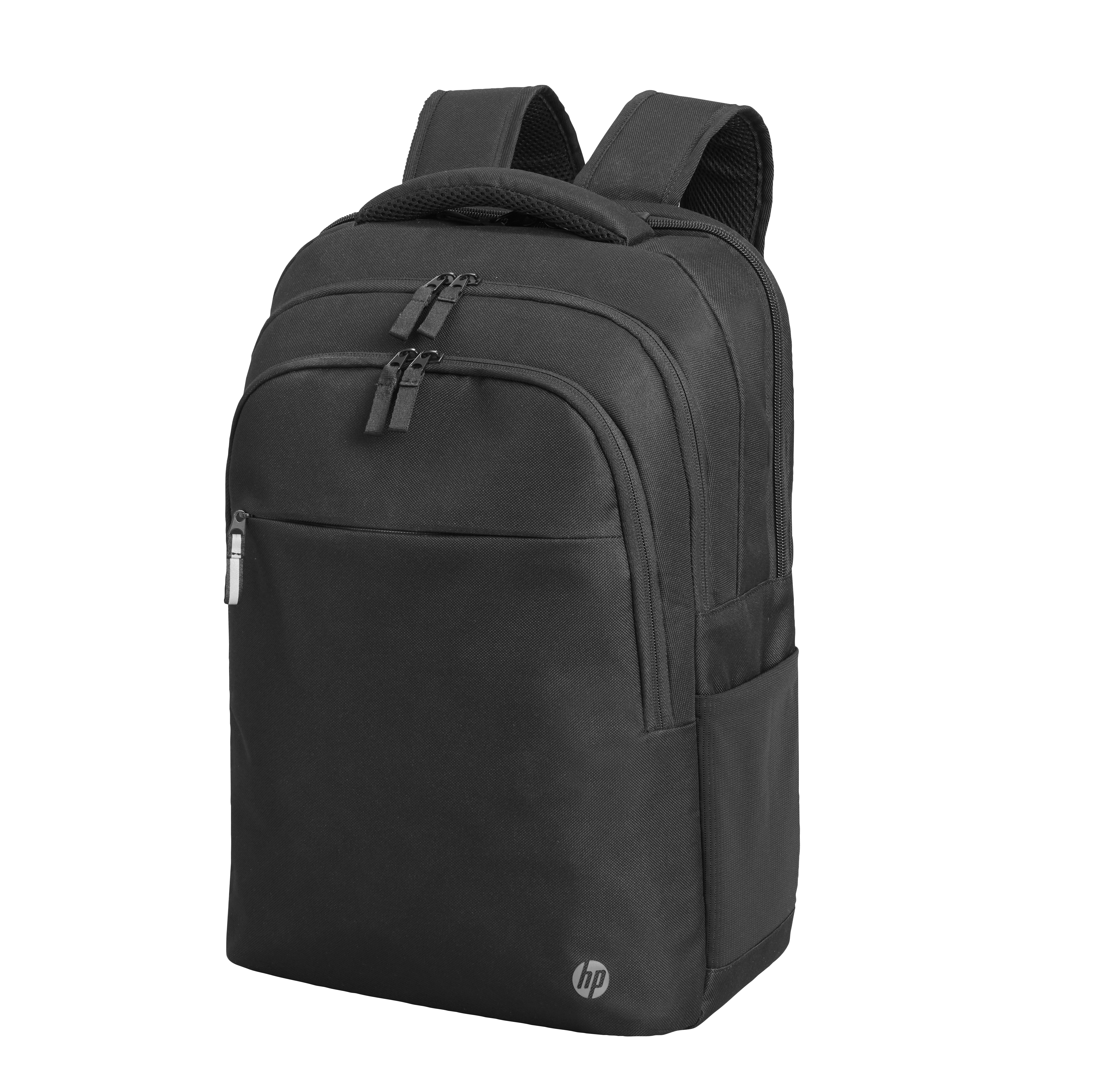 Schwarzer HP-Rucksack mit zwei Reißverschlussfächern, zwei Schultergurten und einem Griff vor weißem Hintergrund.
