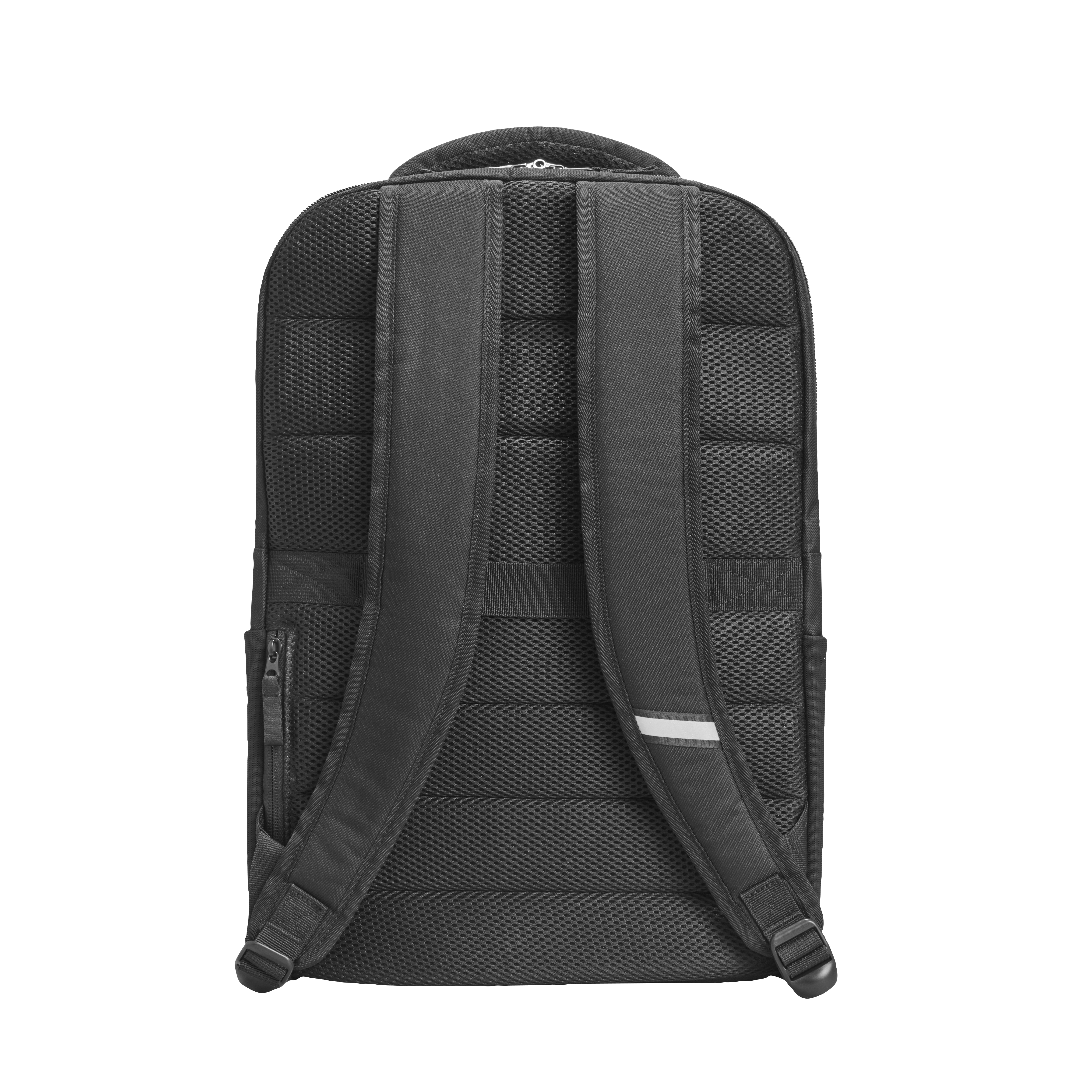 Schwarzer Rucksack, Rückansicht. Gepolsterte Träger, Mesh-Rückwand, Reißverschluss und reflektierender Streifen.