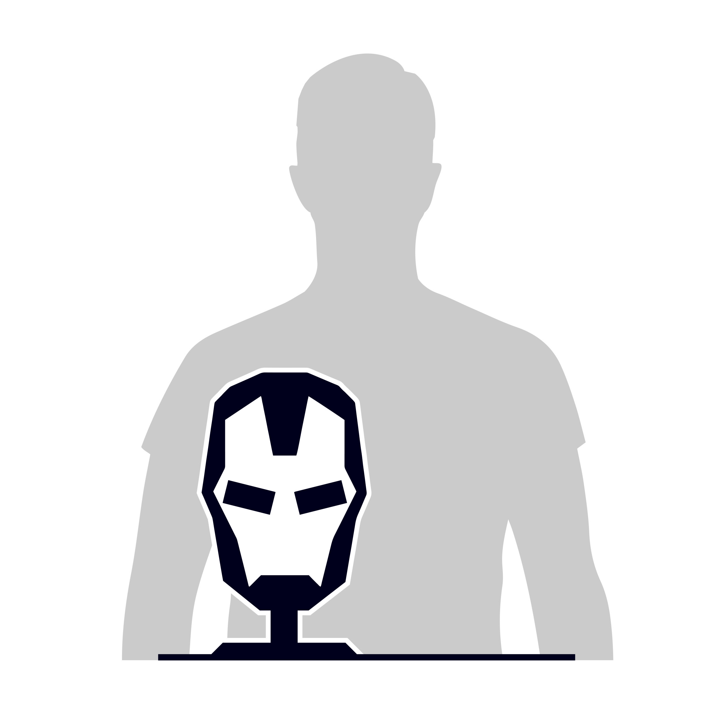 Eine graue Silhouette einer Person mit einer Iron-Man-Masken-Umrisszeichnung auf der Brust vor weißem Hintergrund.
