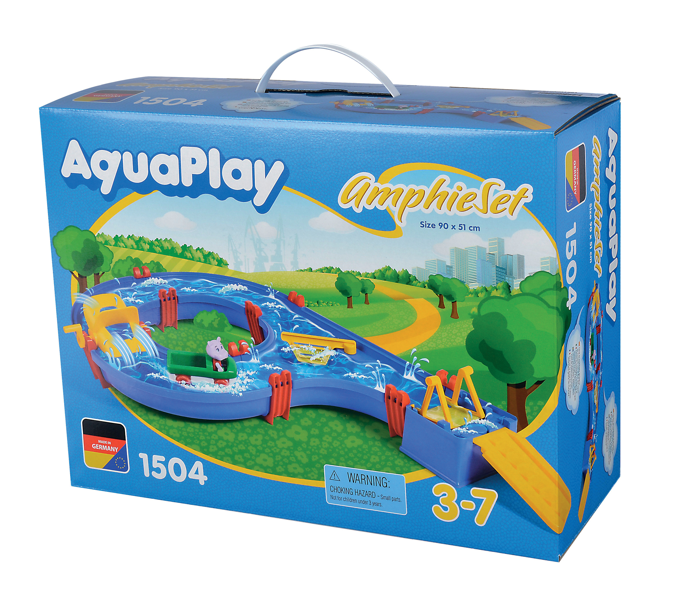 Kiste mit AquaPlay AmphieSet, einem Wasserspielzeug. Zeigt einen blauen Wasserlauf mit Booten und Tieren. Grüner Hintergrund.