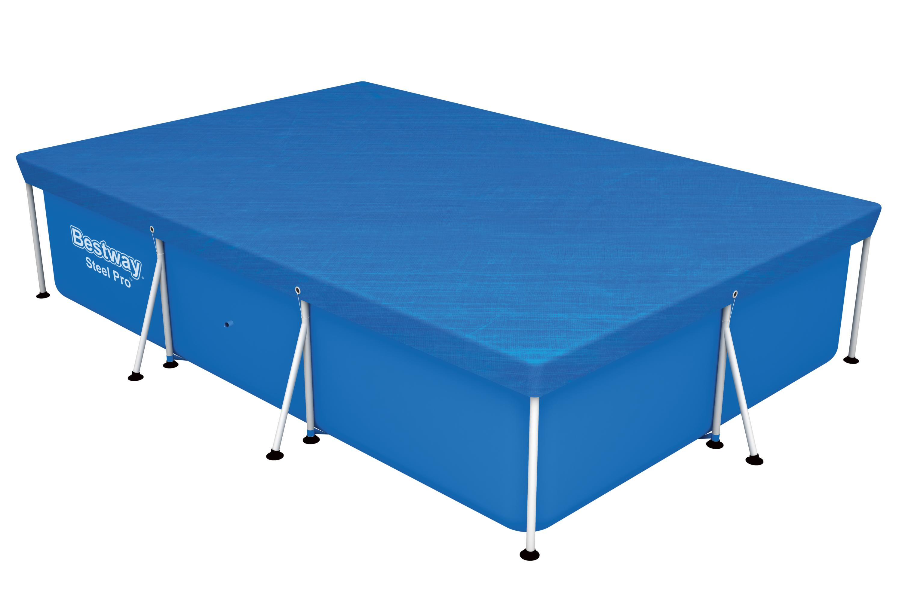 Blauer rechteckiger Pool mit Abdeckung. Weißes Metallgestell und schwarze Füße. Bestway-Logo.