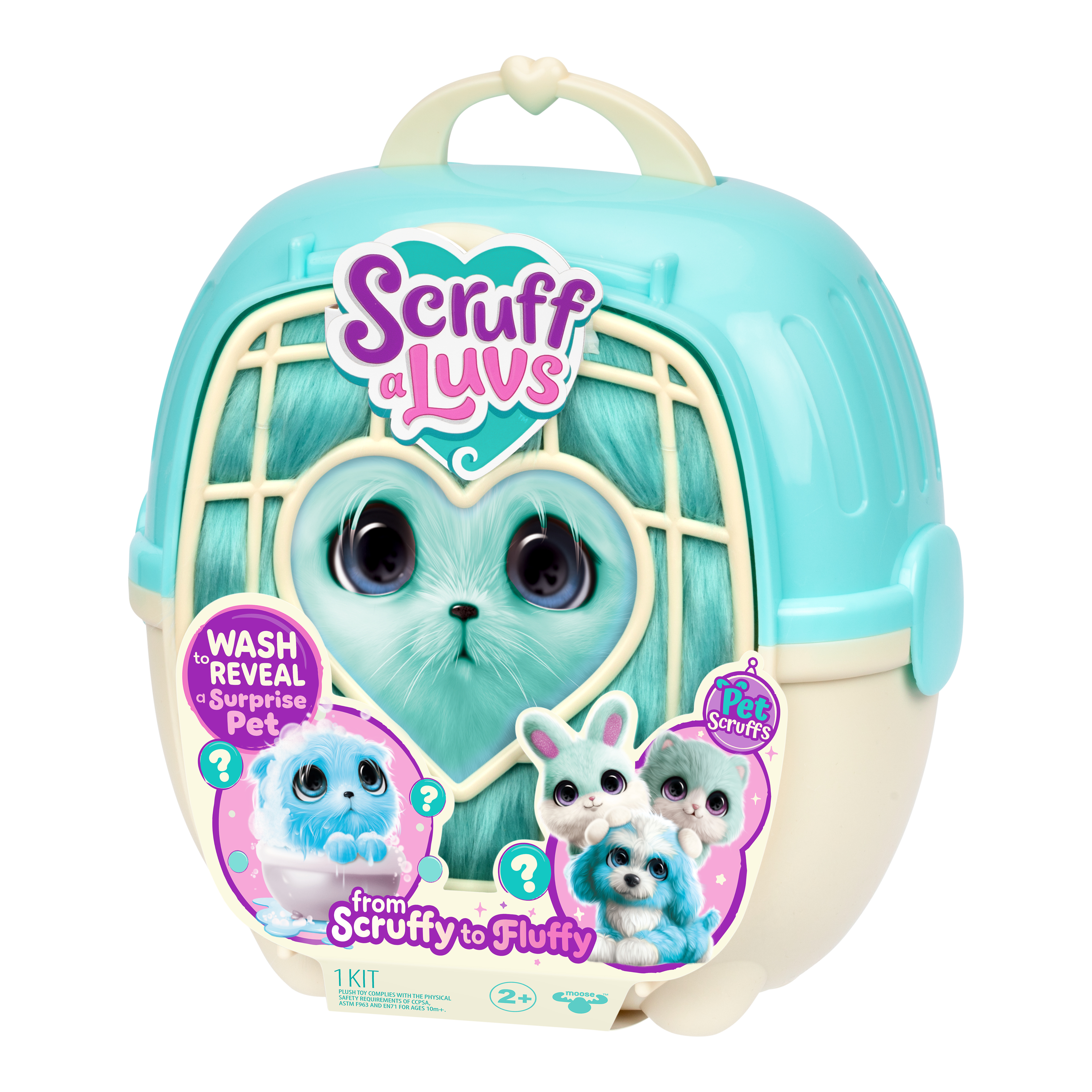 Une cage de transport pour animaux turquoise avec une poignée. L'avant montre une créature semblable à un chat turquoise et un logo 'Scruff a Luvs'.