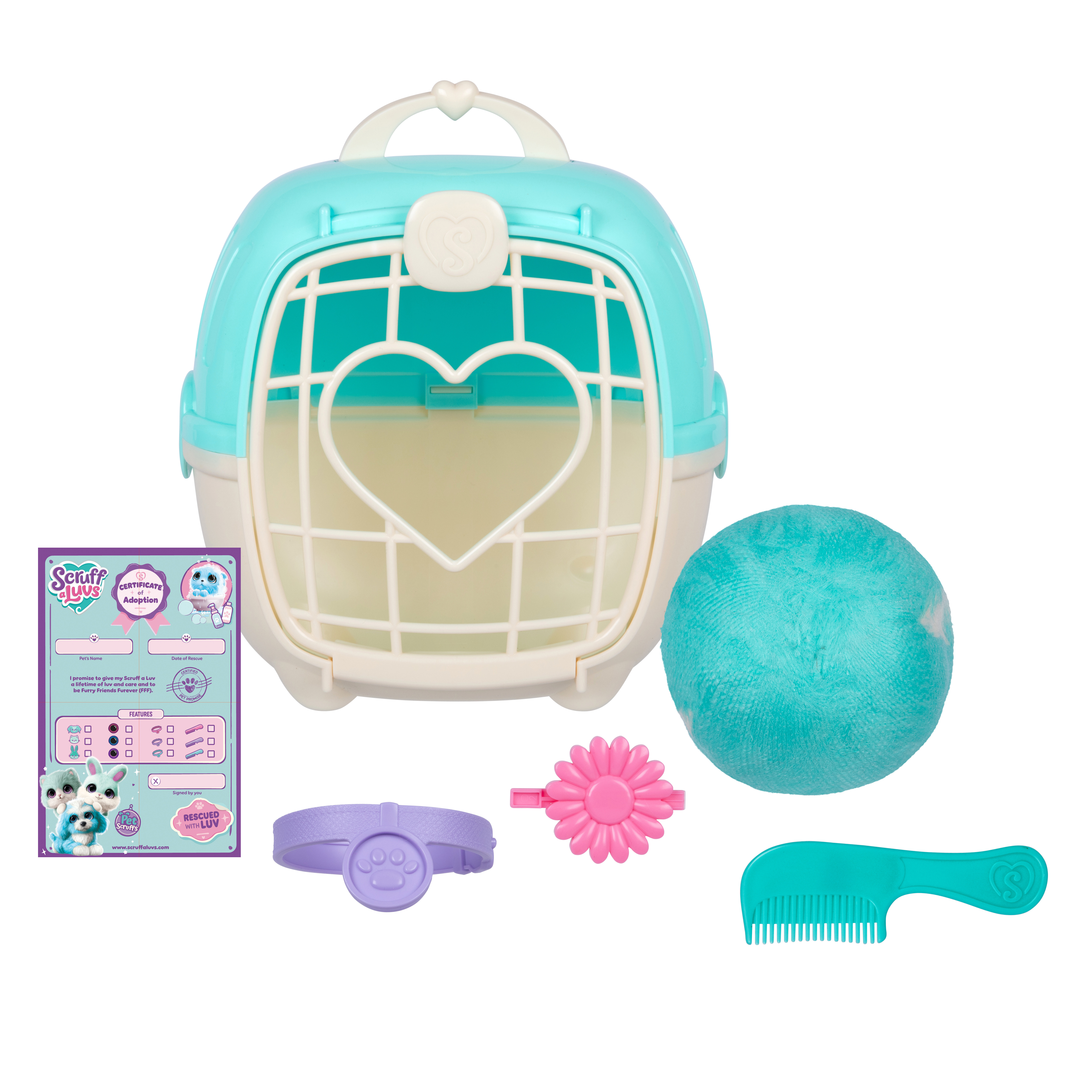 Une cage de transport pour animaux de compagnie avec une balle, un collier, une pince à fleurs et un peigne. La cage est turquoise et blanche.