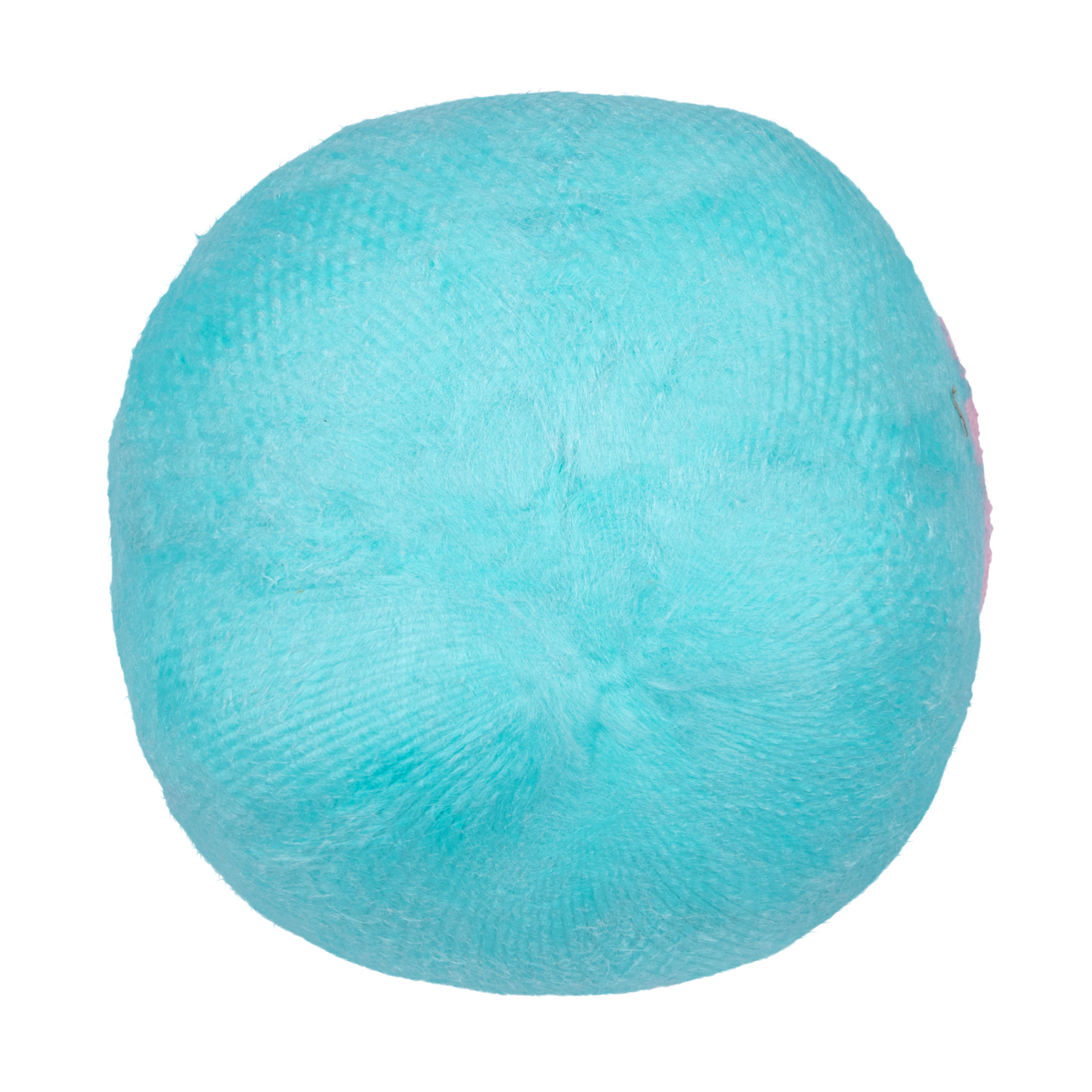 Un objet rond, duveteux, bleu clair centré sur un fond blanc. Il a une surface texturée avec une petite zone rose.
