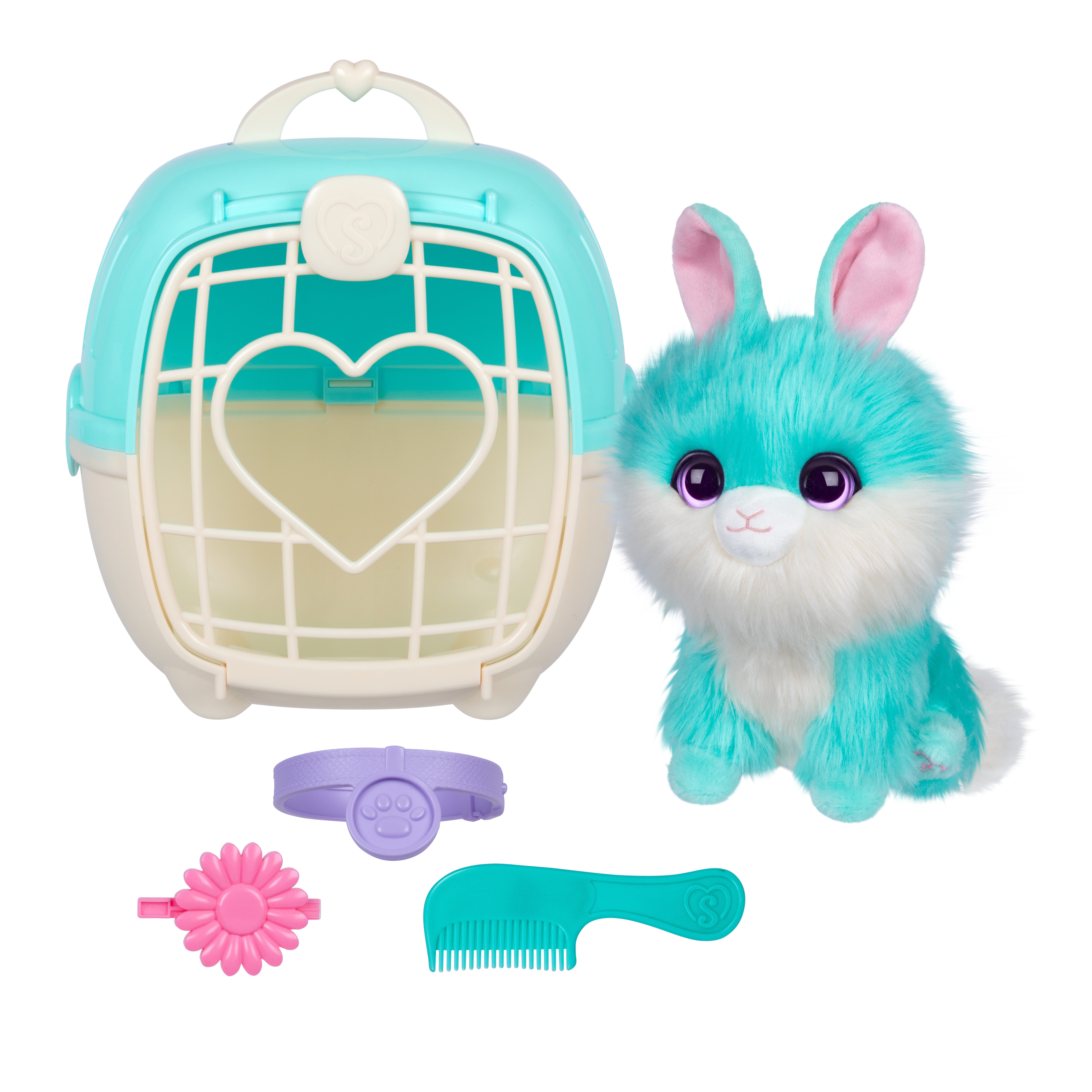 Un jouet lapin duveteux turquoise avec des oreilles roses à côté d'un panier turquoise, un collier, un peigne et une pince à fleurs.