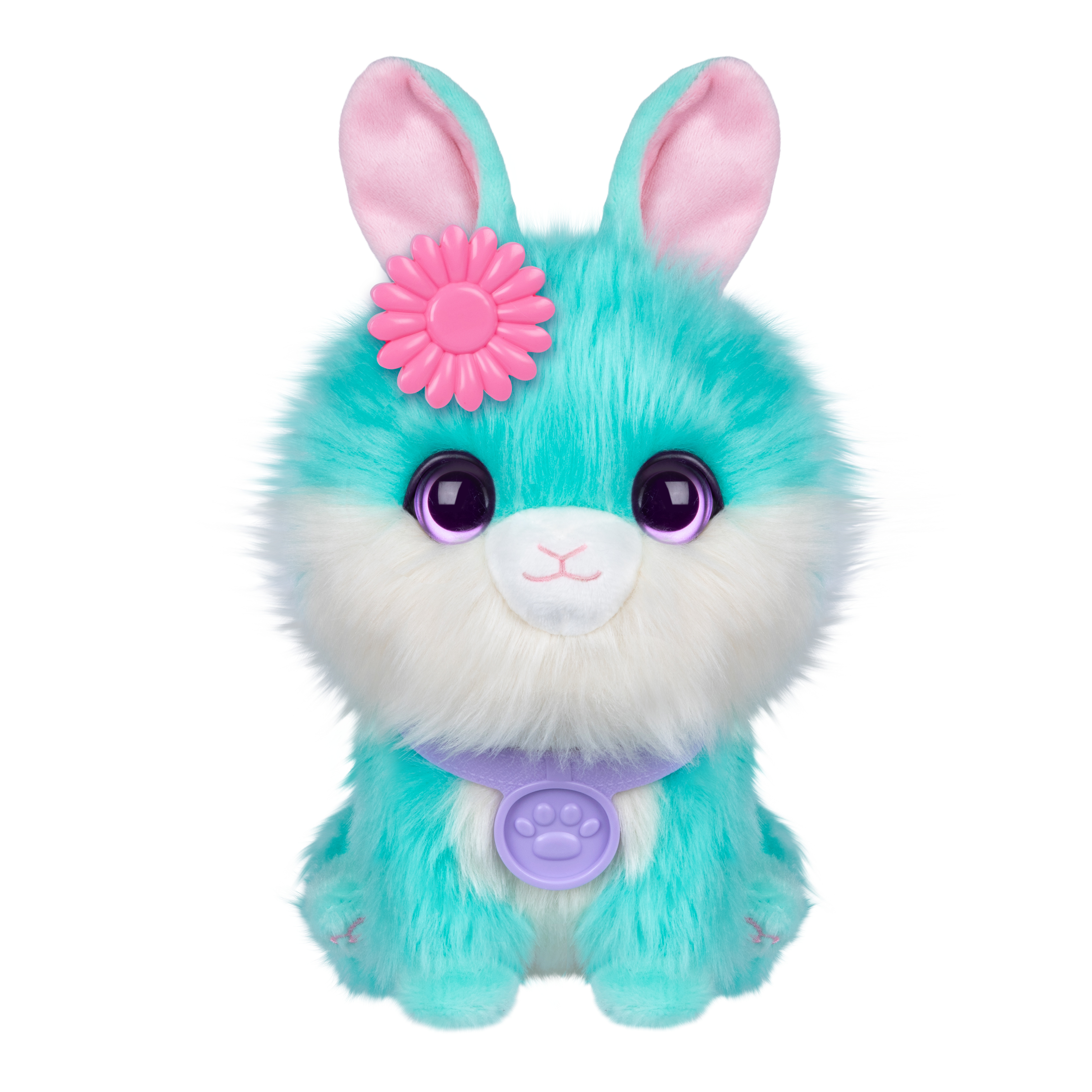 Un lapin en peluche avec une fourrure turquoise, une fleur et des oreilles roses, un collier violet et de grands yeux, sur fond blanc.