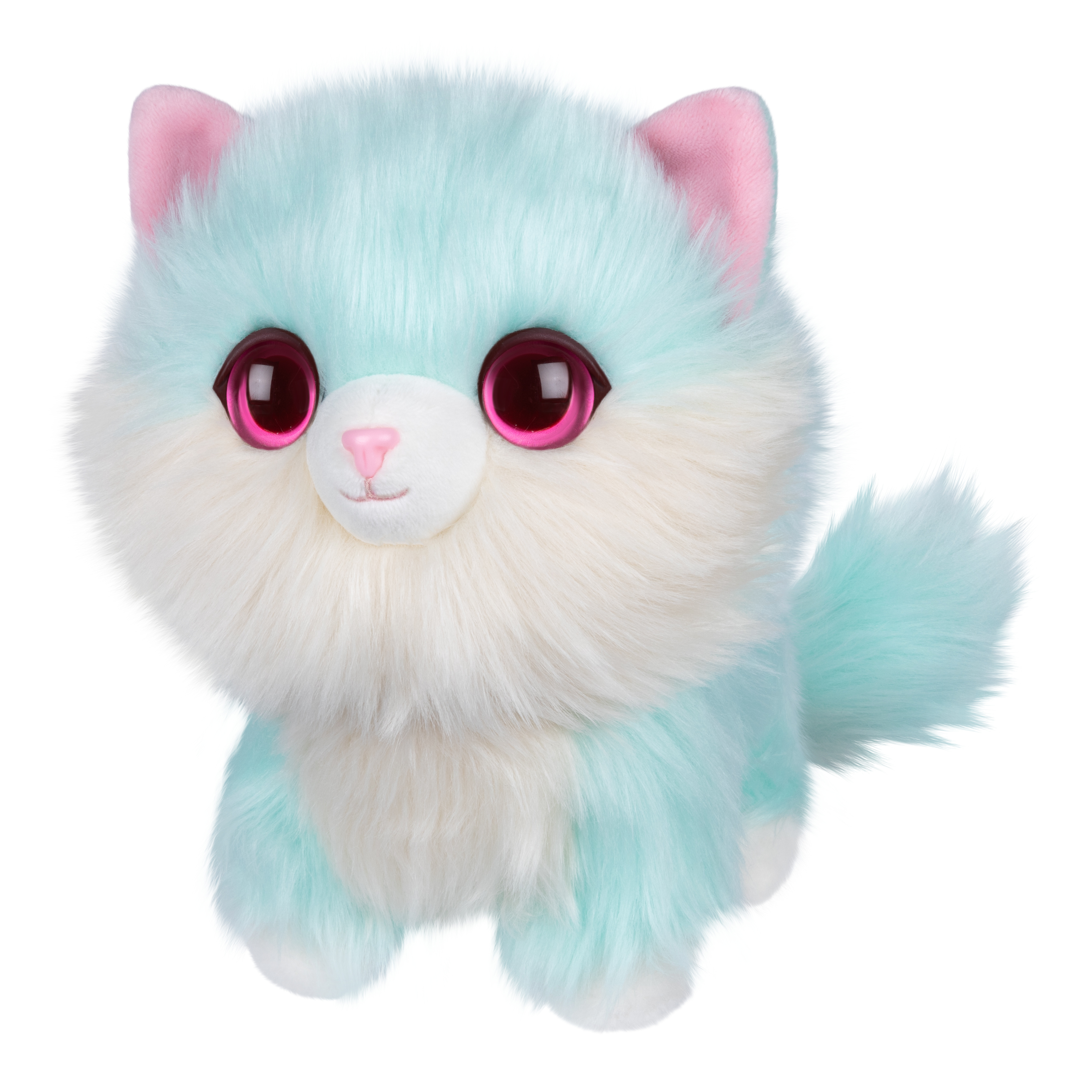 Un chat en peluche moelleux. Il a une fourrure bleue, un ventre blanc, des oreilles roses et de grands yeux roses. Sur fond blanc.