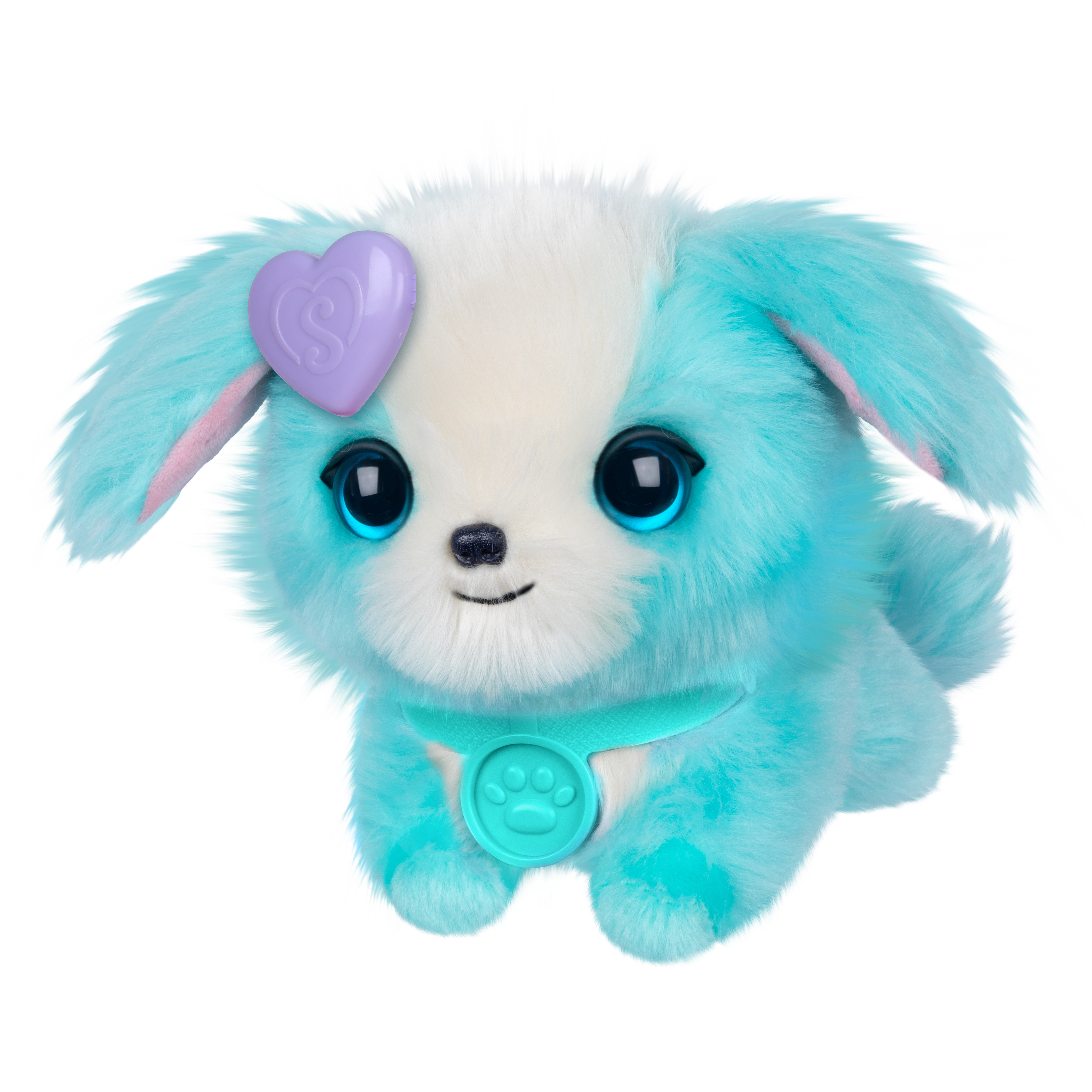 Un jouet de chiot turquoise et moelleux avec un clip en forme de cœur sur la tête et un collier avec empreinte de patte.