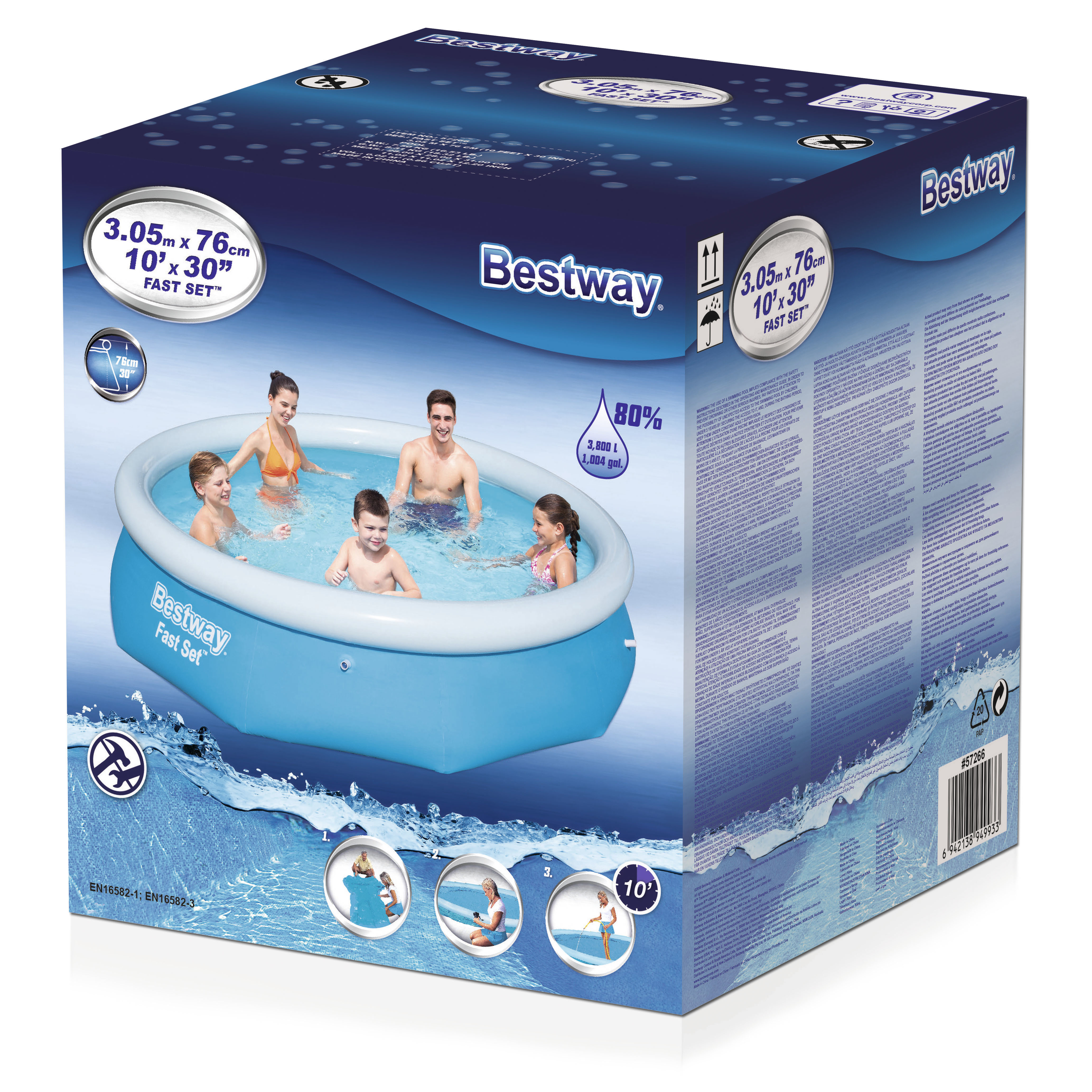Die Box zeigt eine Familie in einem Bestway-Pool. Es ist ein blauer runder Pool. Die Box hat Bestway- und Poolabmessungen.