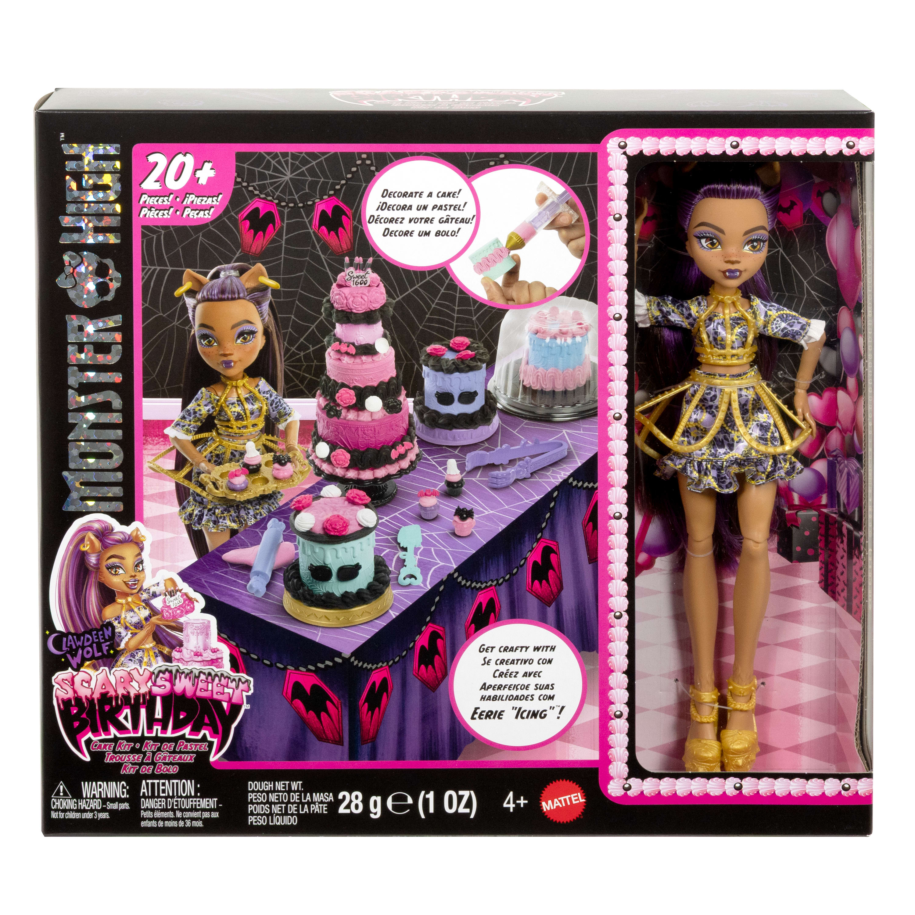 Caja del kit de pasteles Monster High. Incluye muñeca, pasteles y accesorios. Presenta a Clawdeen Wolf. Contiene 20+ piezas.