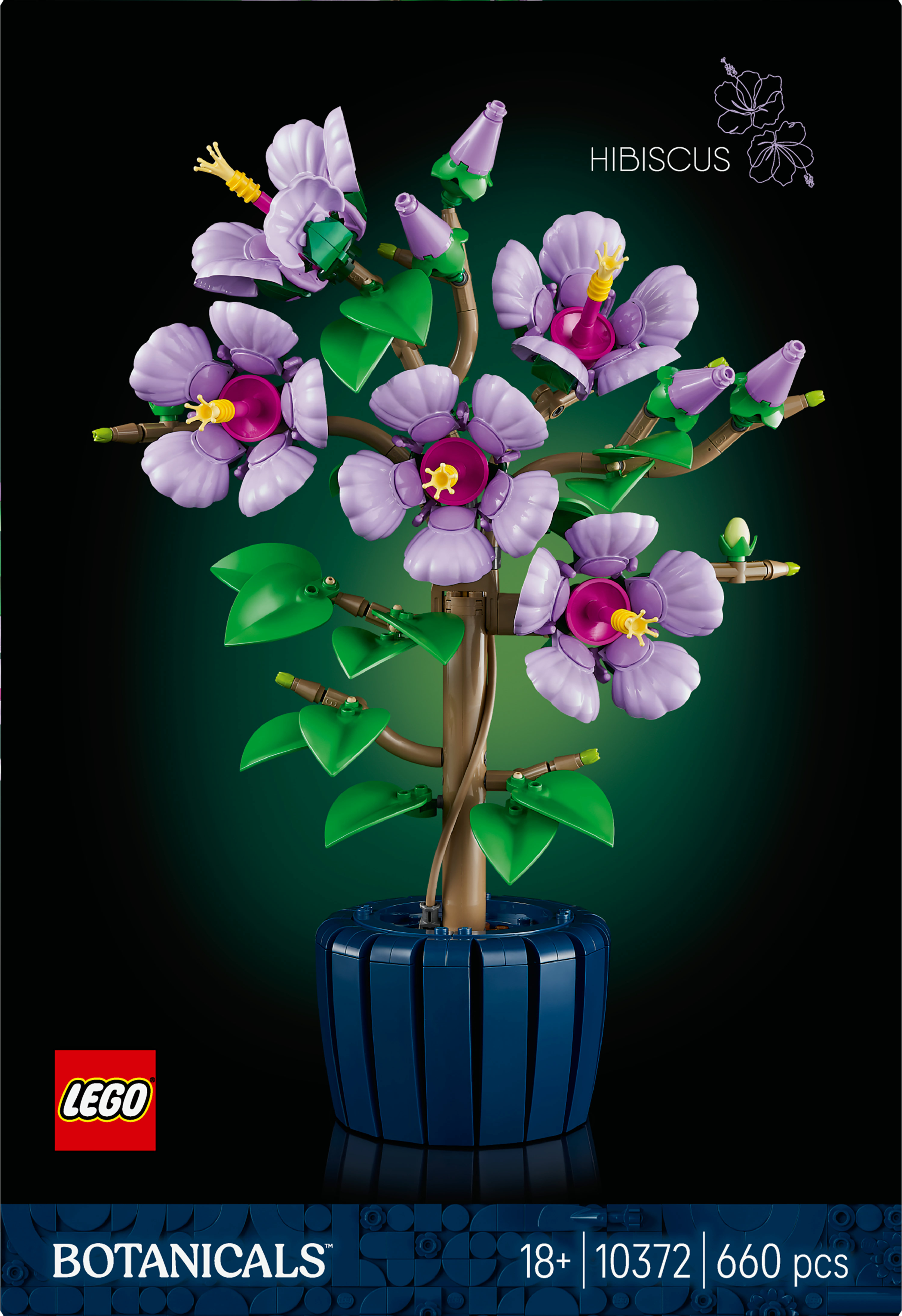 Mor çiçekli, yeşil yapraklı ve mavi saksılı bir hibiskus bitkisinin LEGO seti, siyah ve yeşil bir arka plan üzerinde.