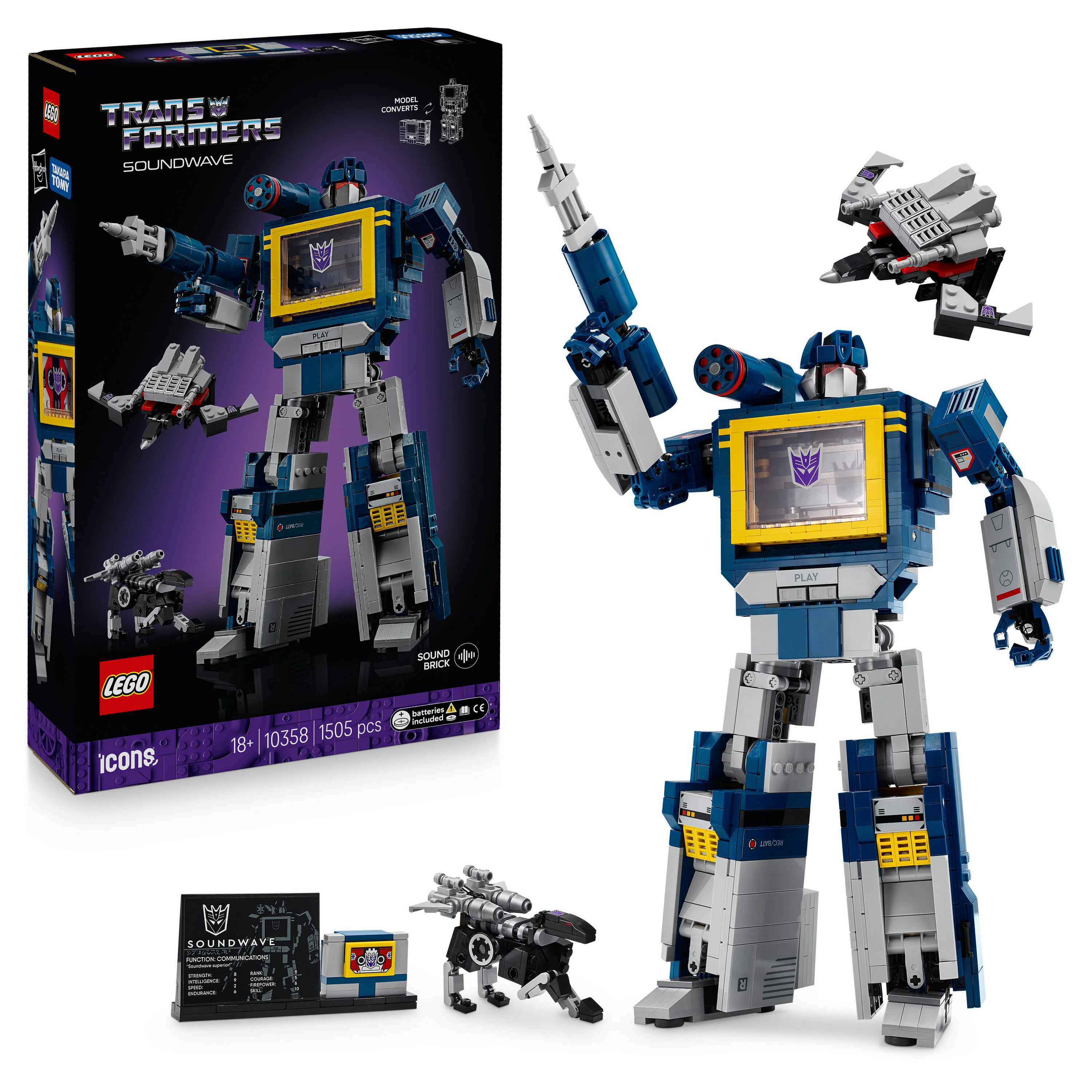 Transformator Lego Soundwave, niebieski i szary, w formie robota. Pokazano również pudełko i małe figurki.