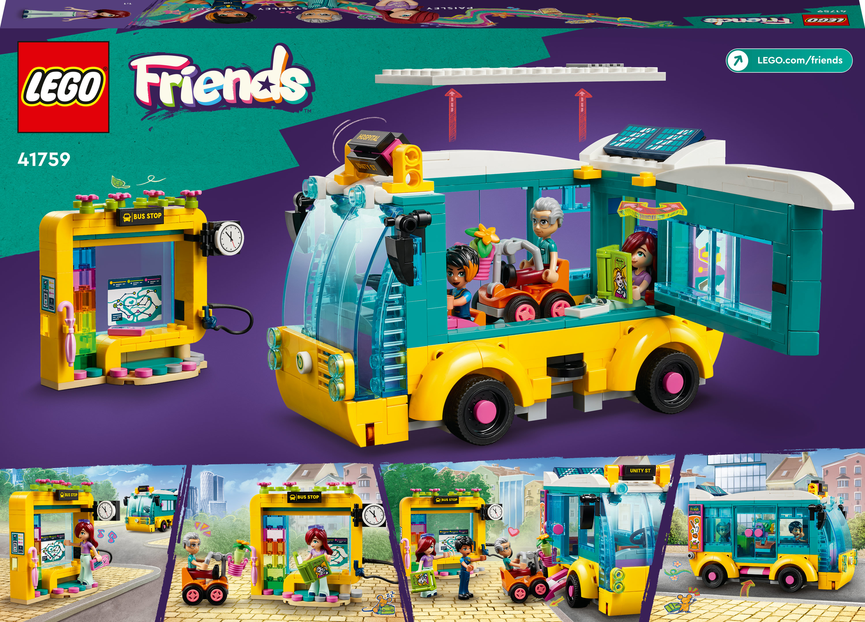 Zestaw Lego Friends z autobusem. Żółty autobus z turkusowymi akcentami, przystanek i minifigurki. Scena na fioletowym tle.