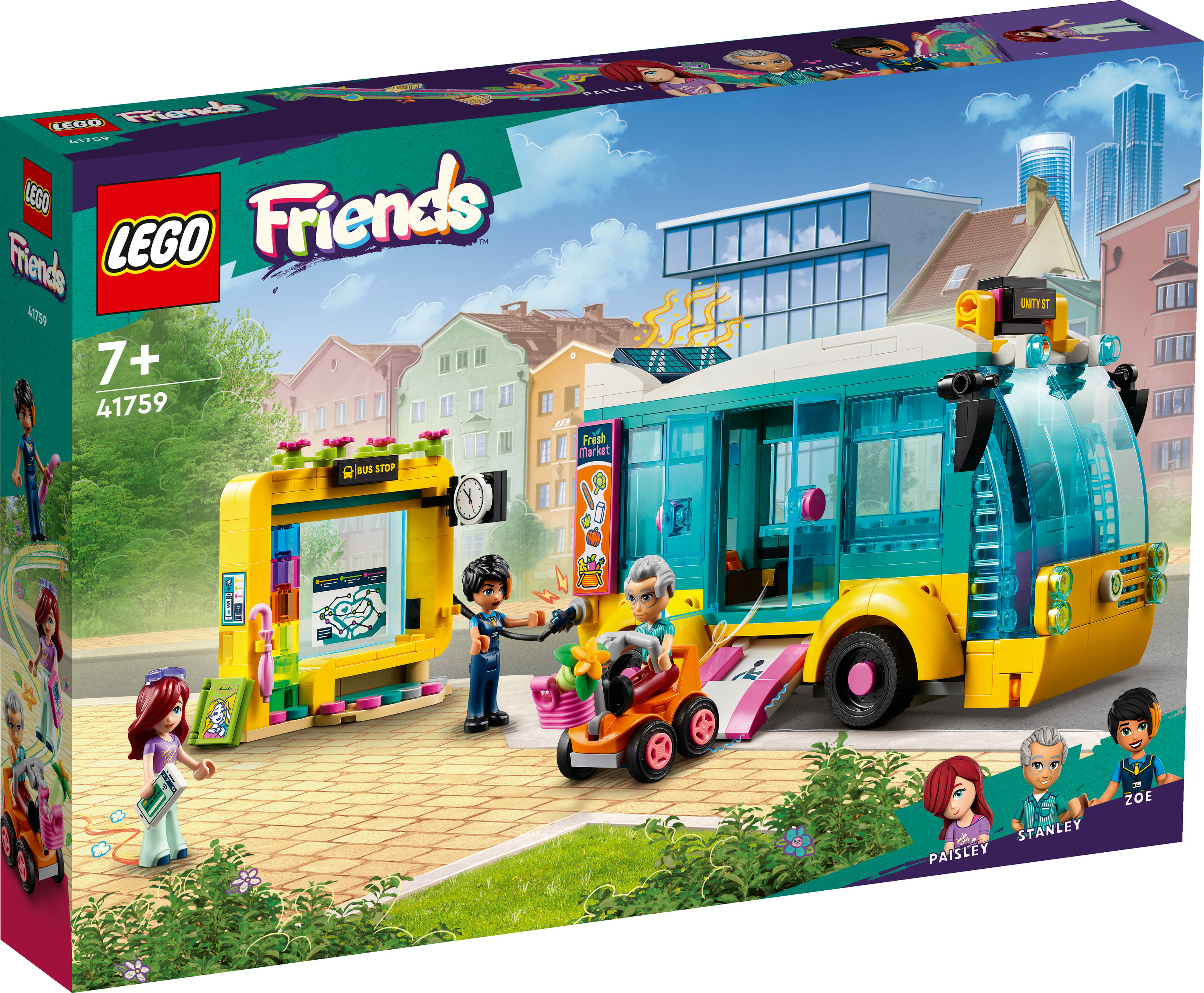 Pudełko zestawu Lego Friends. Pokazuje autobus, przystanek autobusowy, figurki i budynki.
