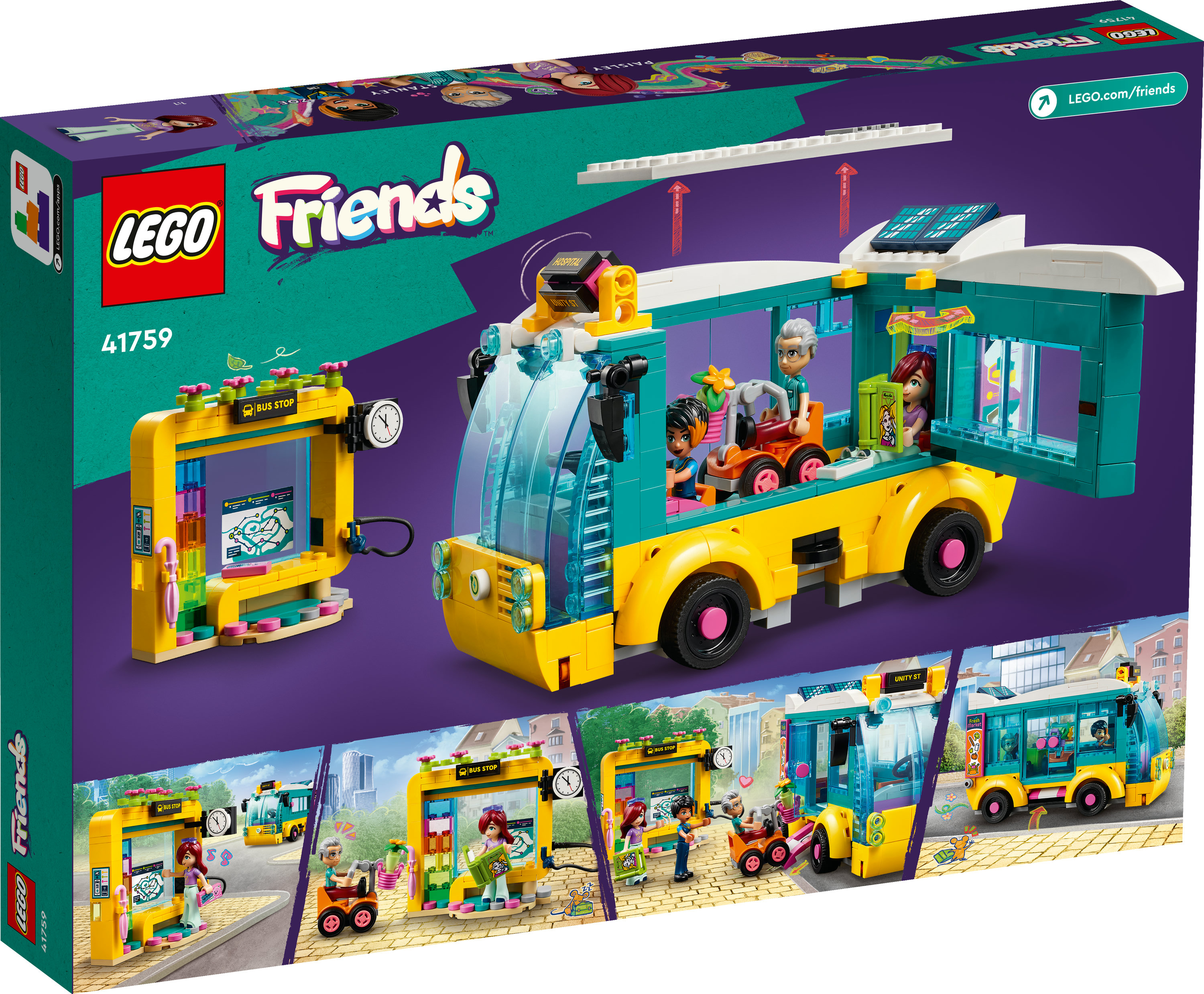 Zestaw LEGO Friends z autobusem. Żółto-zielony autobus z figurkami. Przystanek autobusowy z boku. Pudełko jest pokazane.