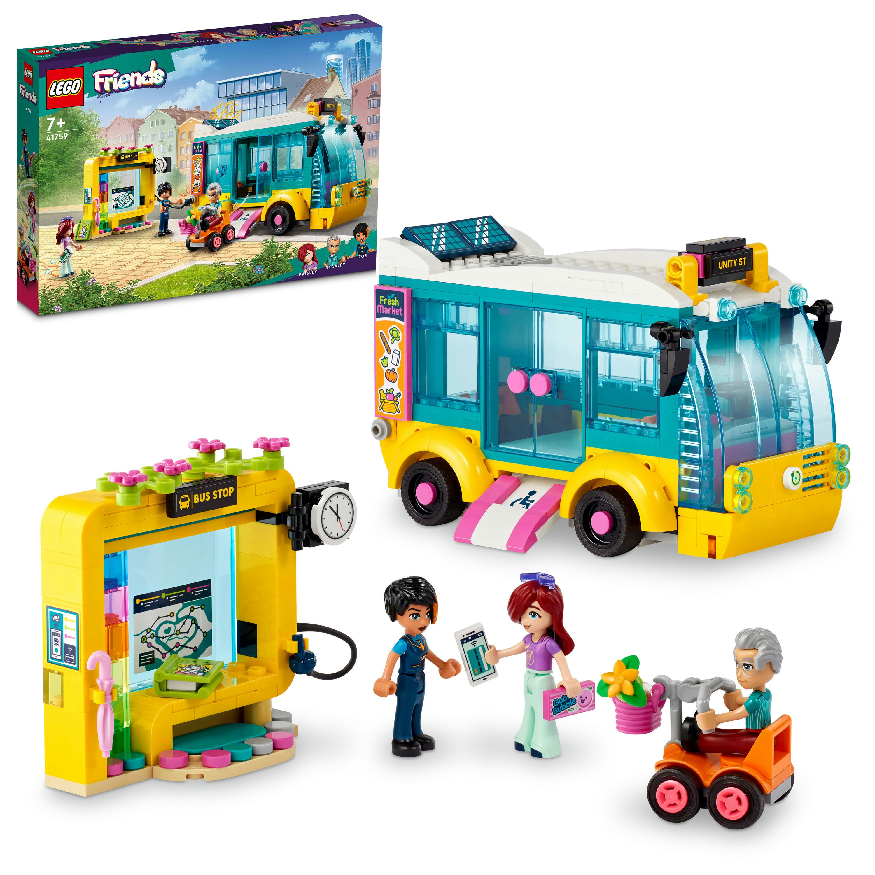 Zestaw Lego Friends z autobusem, przystankiem i figurkami. Autobus jest żółty i turkusowy. Figurki w interakcji.