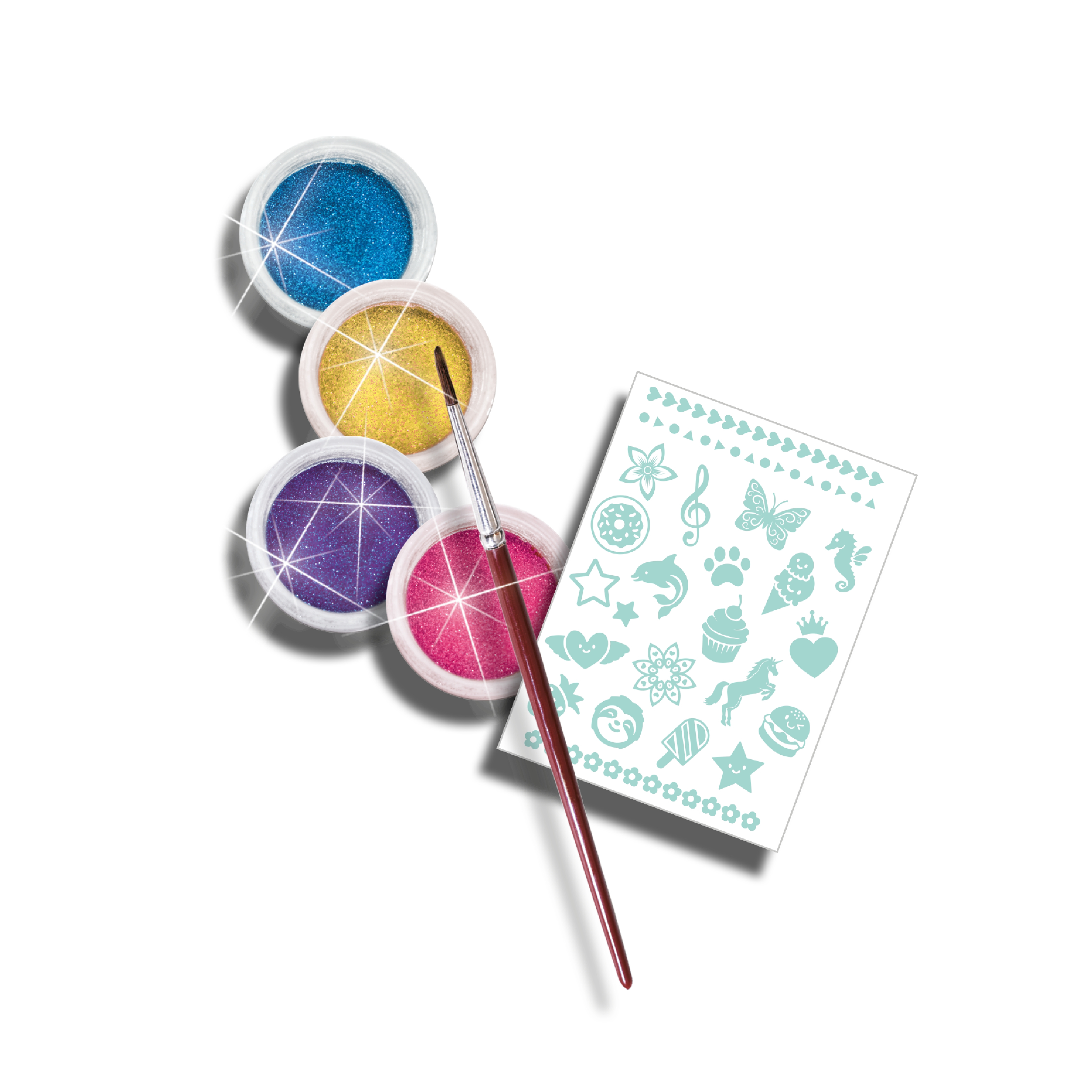 Słoiczki z brokatem w kolorze niebieskim, złotym, fioletowym i różowym, pędzel i kartka z różnymi jasnoniebieskimi obrazkami.