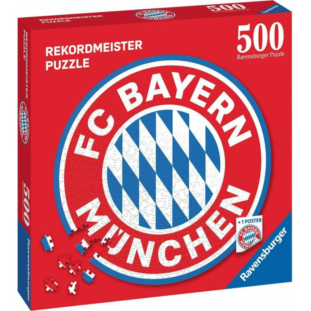 Eine Bayern München Puzzlebox mit dem Teamlogo. Die Box ist rot mit weißem Text und einer 500 Teile Anzahl.