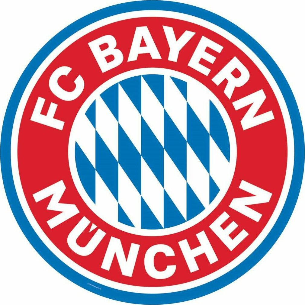 Logo des FC Bayern München. Roter und blauer Kreis mit weißem Text. Mitte hat blaues und weißes Rautenmuster.
