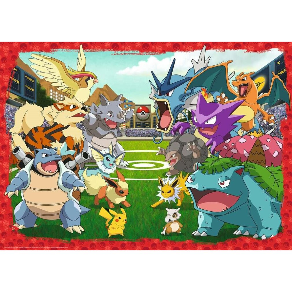 Kolorowa ilustracja wielu postaci Pokemon na zielonym polu, stadion w tle, czerwona obwódka wokół obrazu.